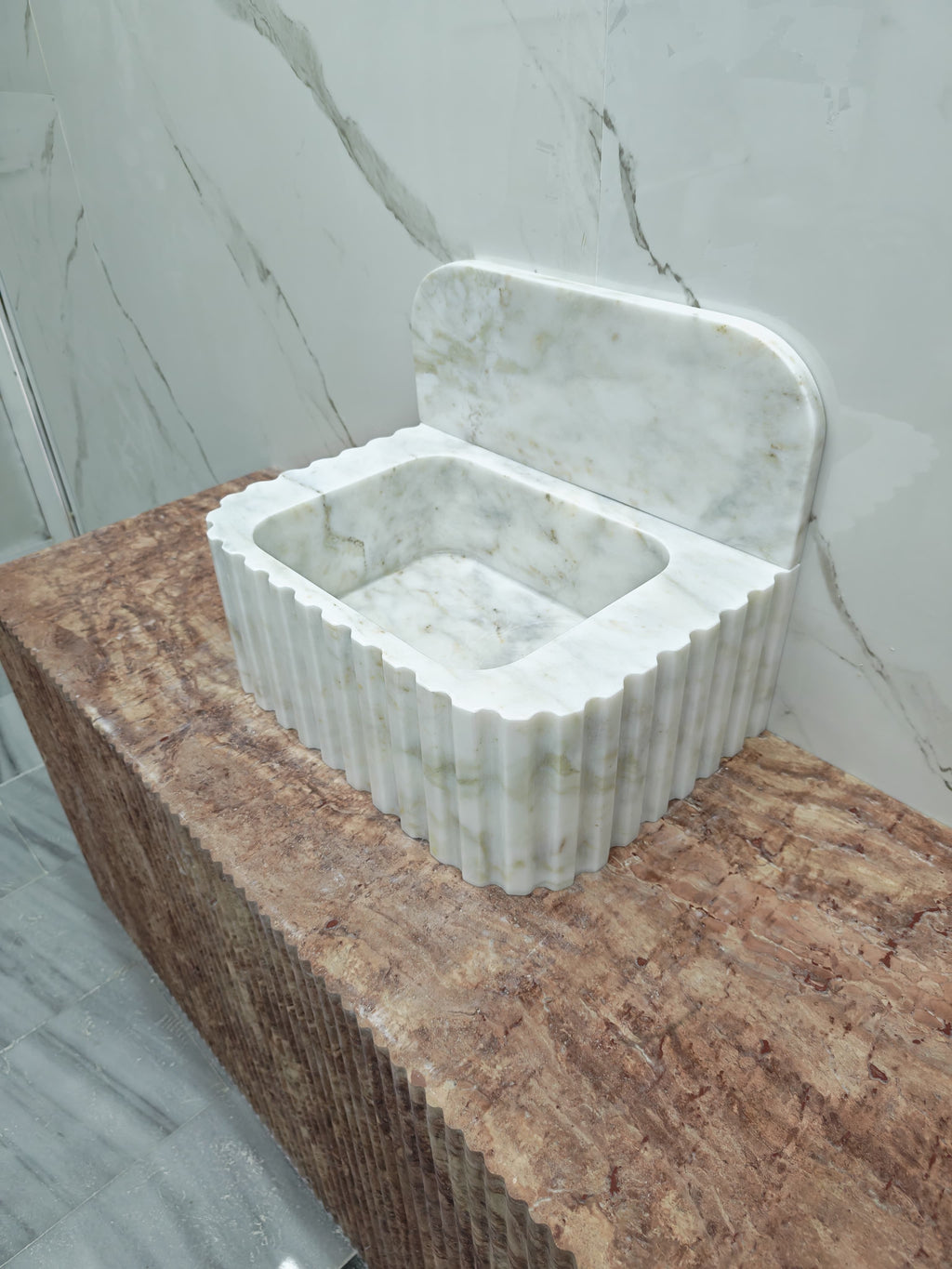Ivory -cream 18”x14”x8” 8” backsplash Modern Fluted Powder Room Sink