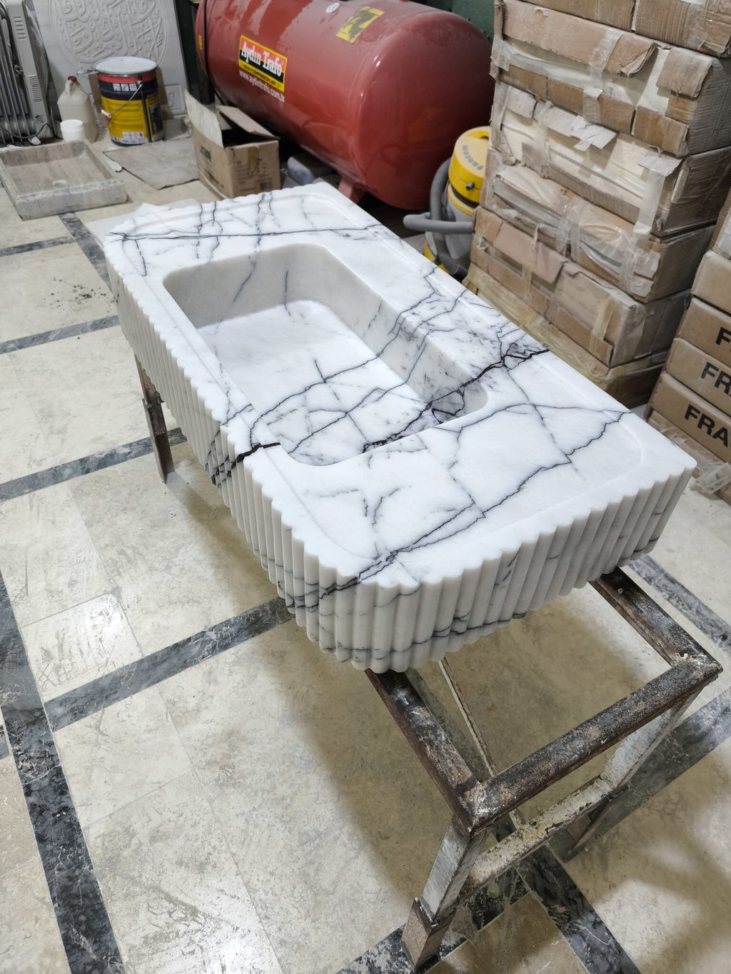 Handmade Carrara White Marble Sink: Fluted Design integrated sink
