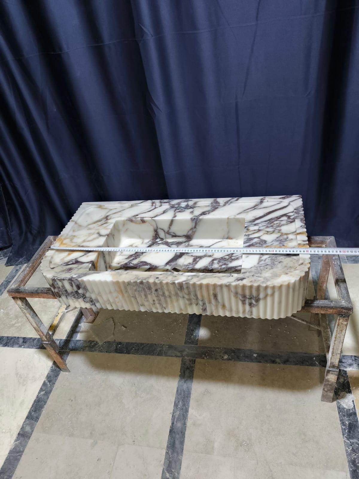 Hand Carved Calacatta Viola Marble Sink: Fluted Vessel Washbasin