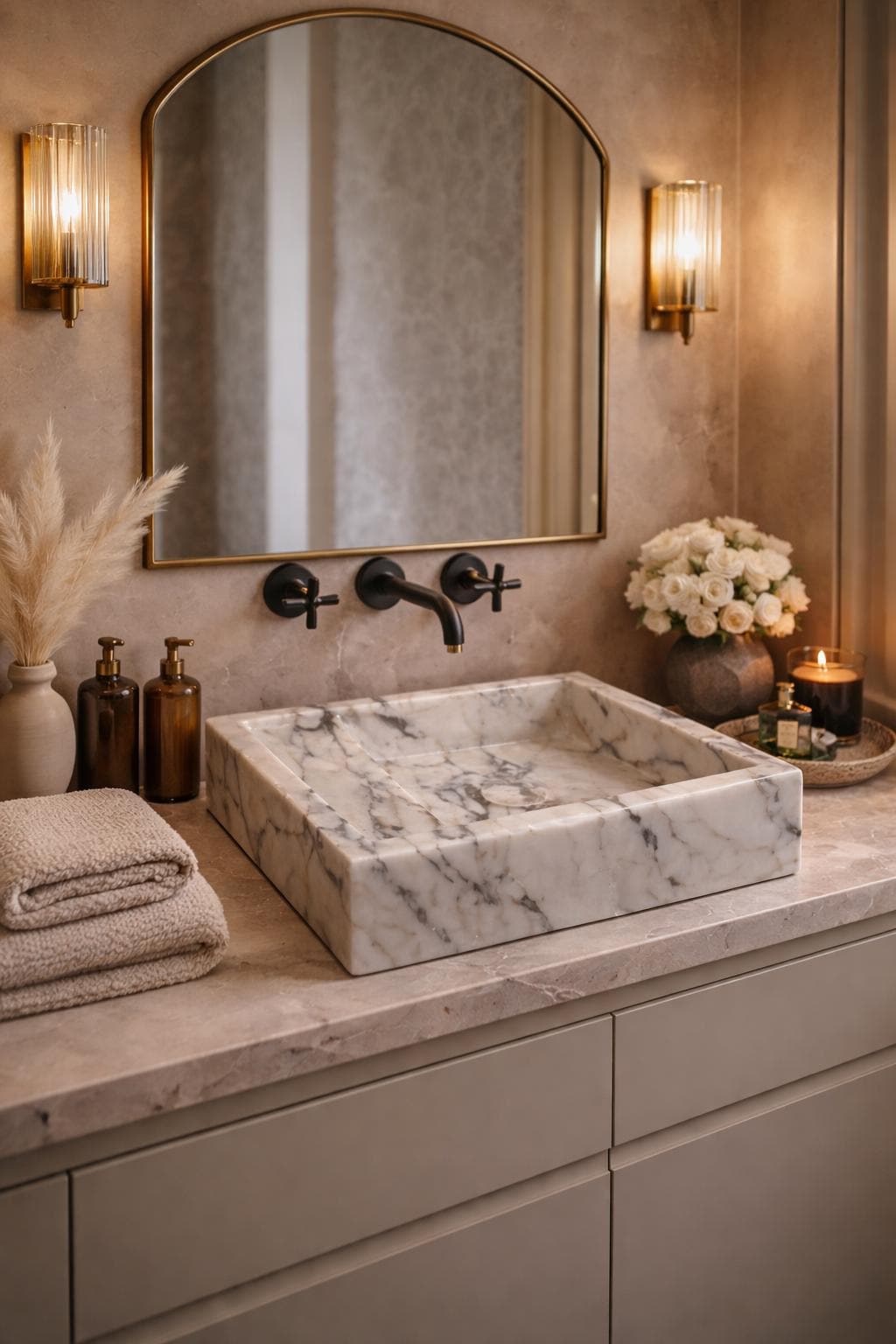 Calacatta Viola Marble Wall Mount Sink: Concealed Drain Bathroom Vanity
