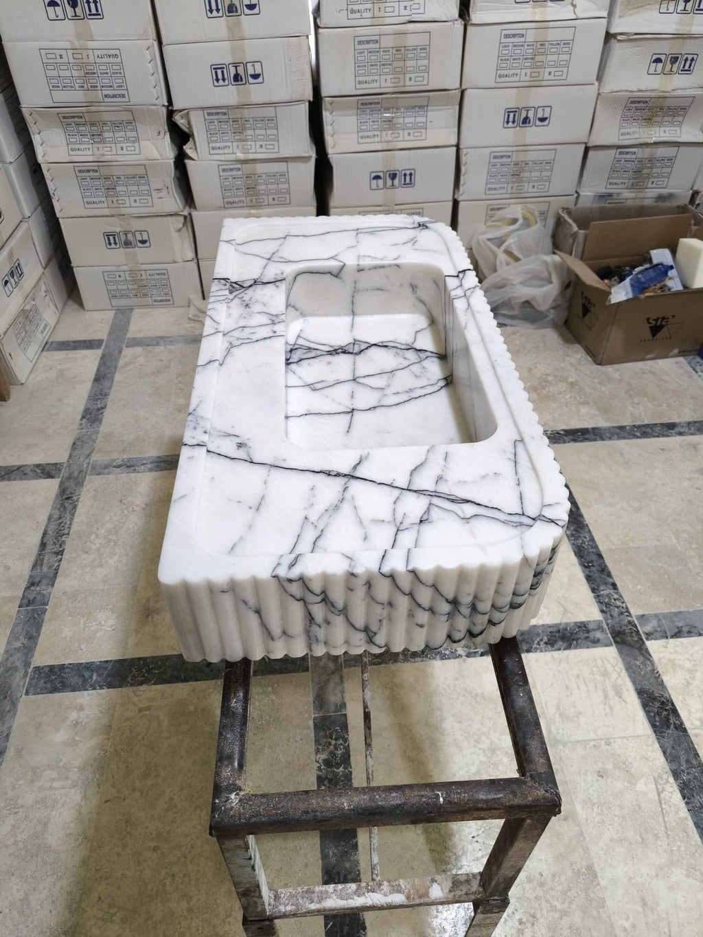 Handmade Carrara White Marble Sink: Fluted Design integrated sink