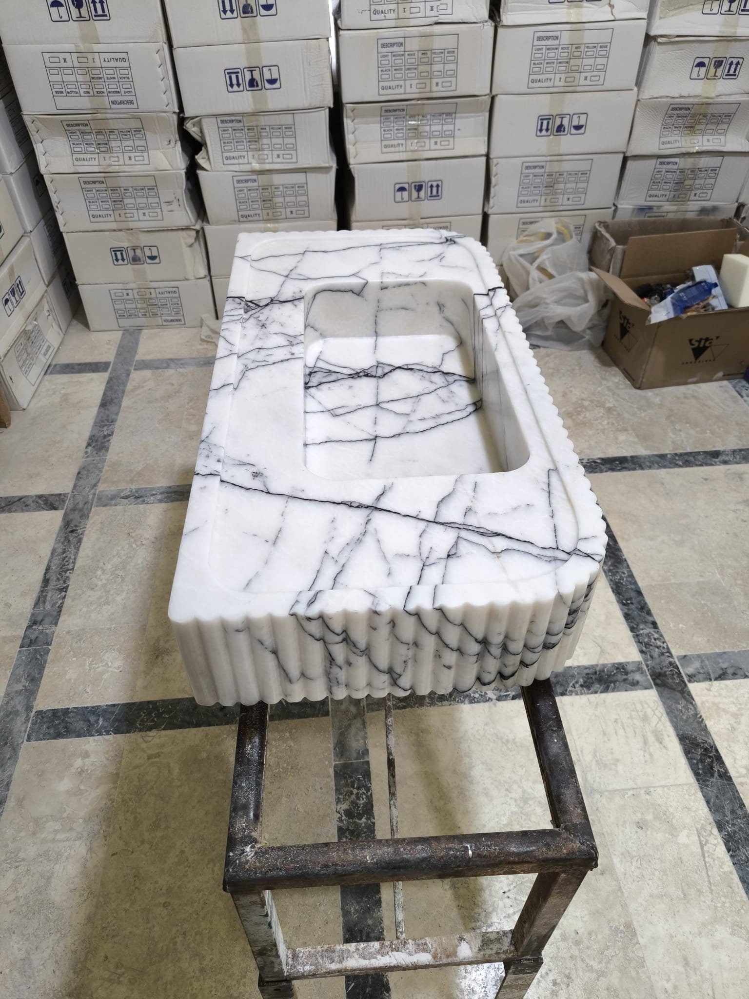 Handmade Carrara White Marble Sink: Fluted Design integrated sink
