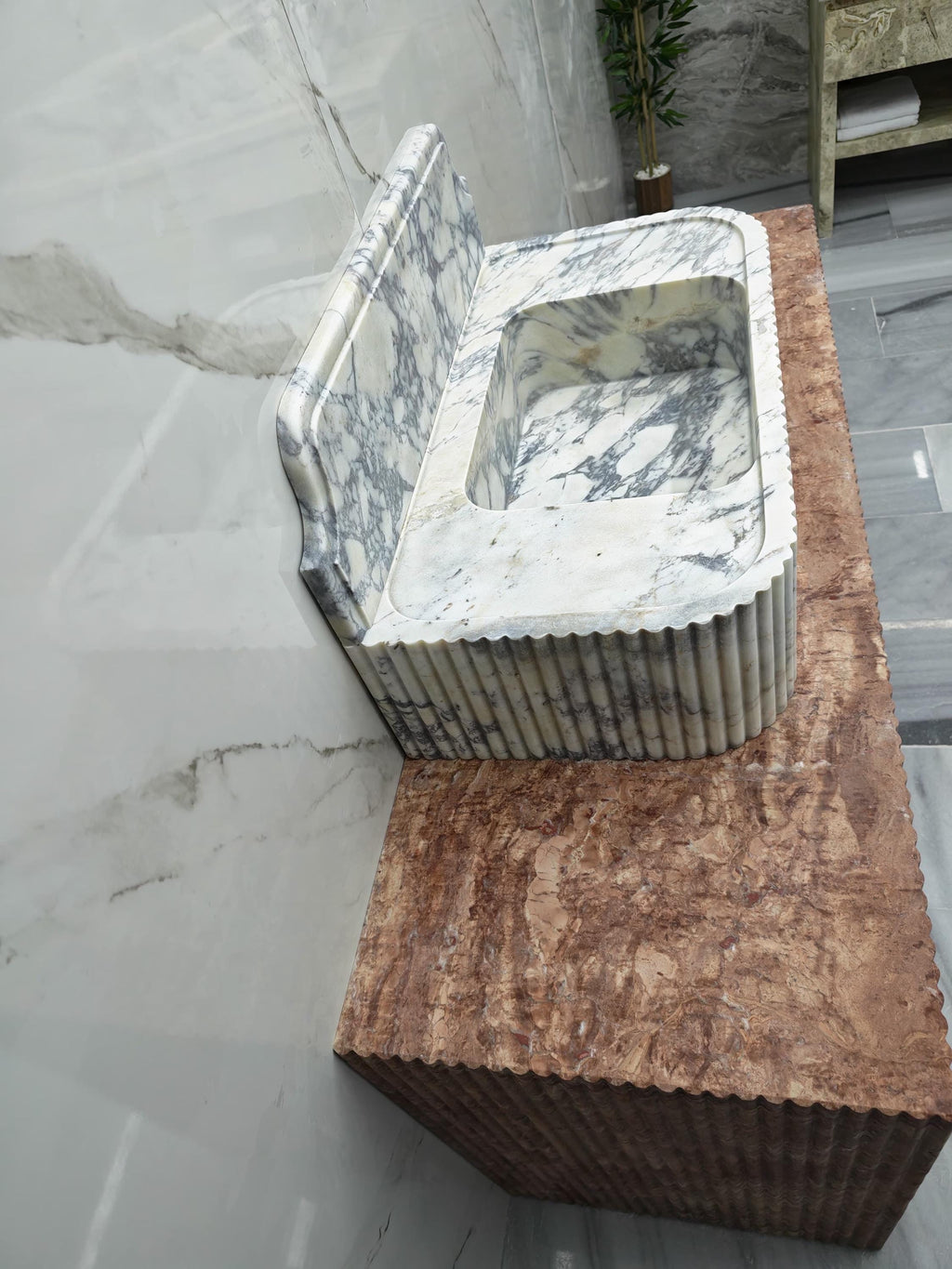 Custom honed calacatta viola Sink for 30”x16”x8” 8” backsplash