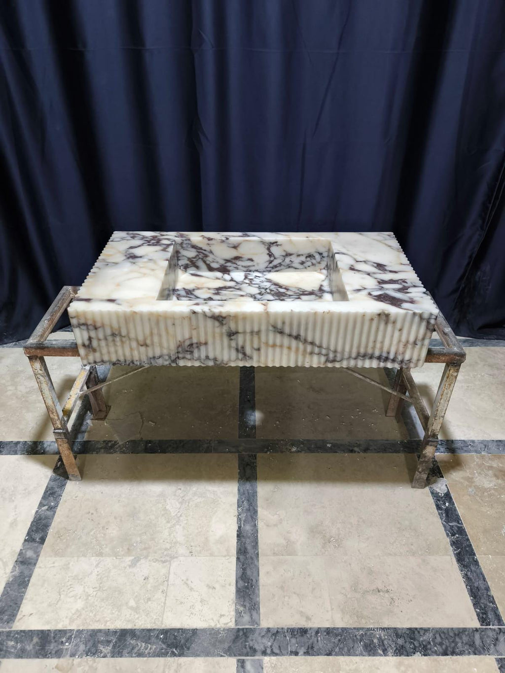 Hand Carved Calacatta Viola Marble Sink: Fluted Wall Mount Vessel