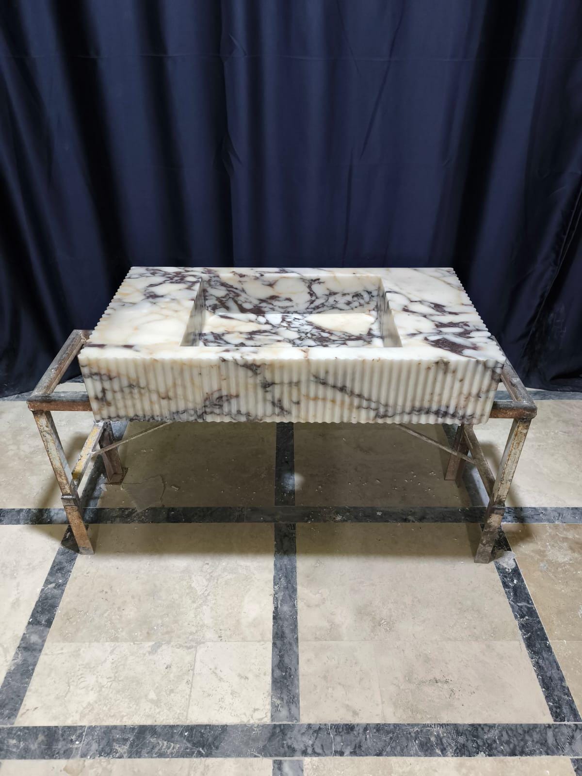 Hand Carved Calacatta Viola Marble Sink: Fluted Wall Mount Vessel