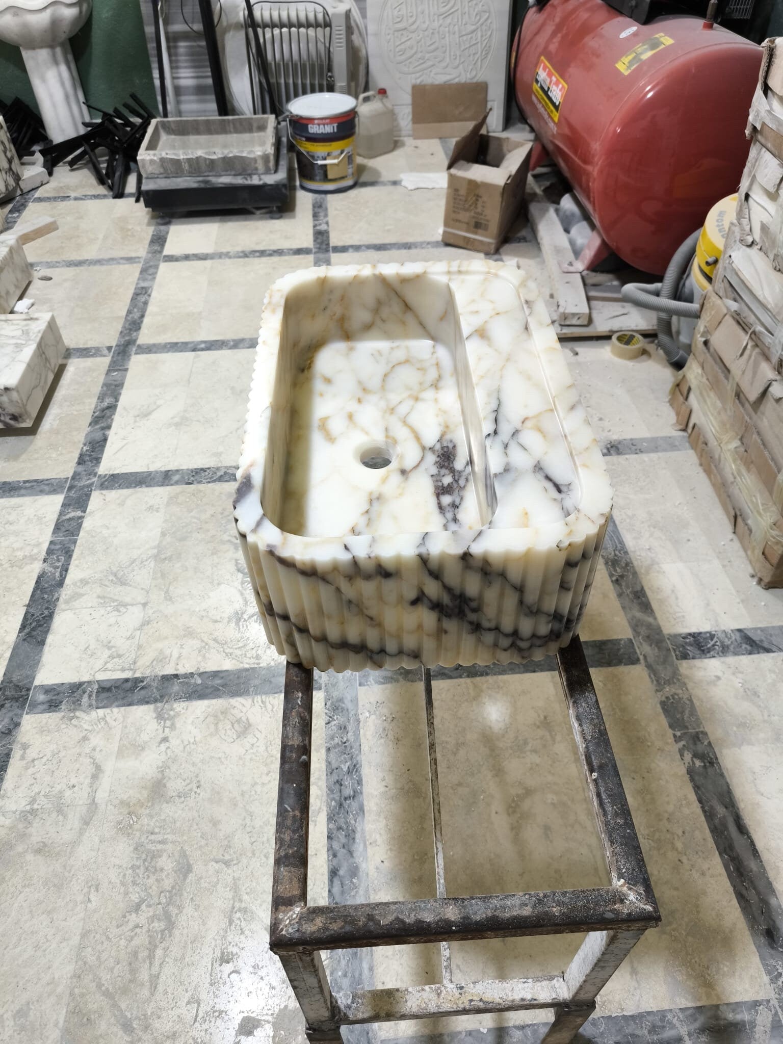 Calacatta Gold Marble Grooved Sink, Wall Mounted Bathroom Sink