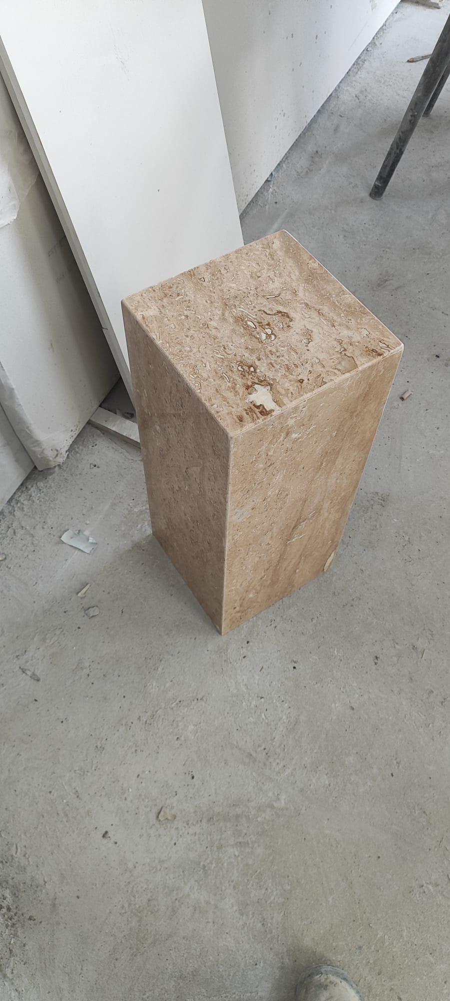 Silver Travertine Side Table: Custom Marble Plinth