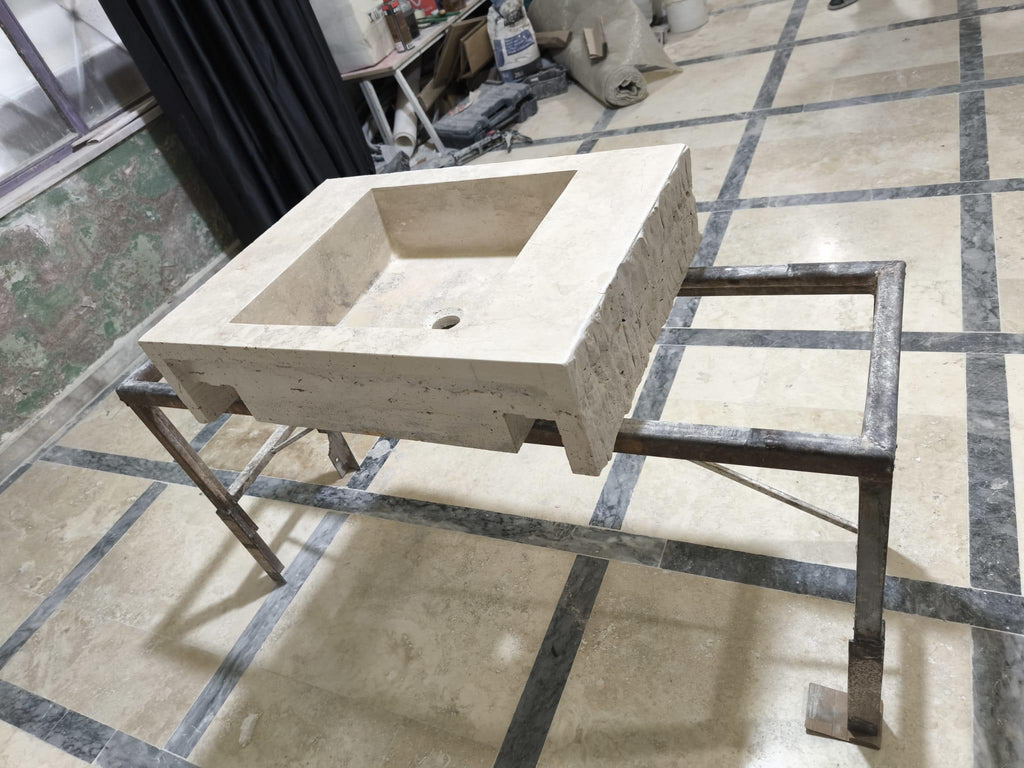 Natural Travertine Stone Sink: Bathroom Vanity, Powder Room Decor (26x19x6.5)