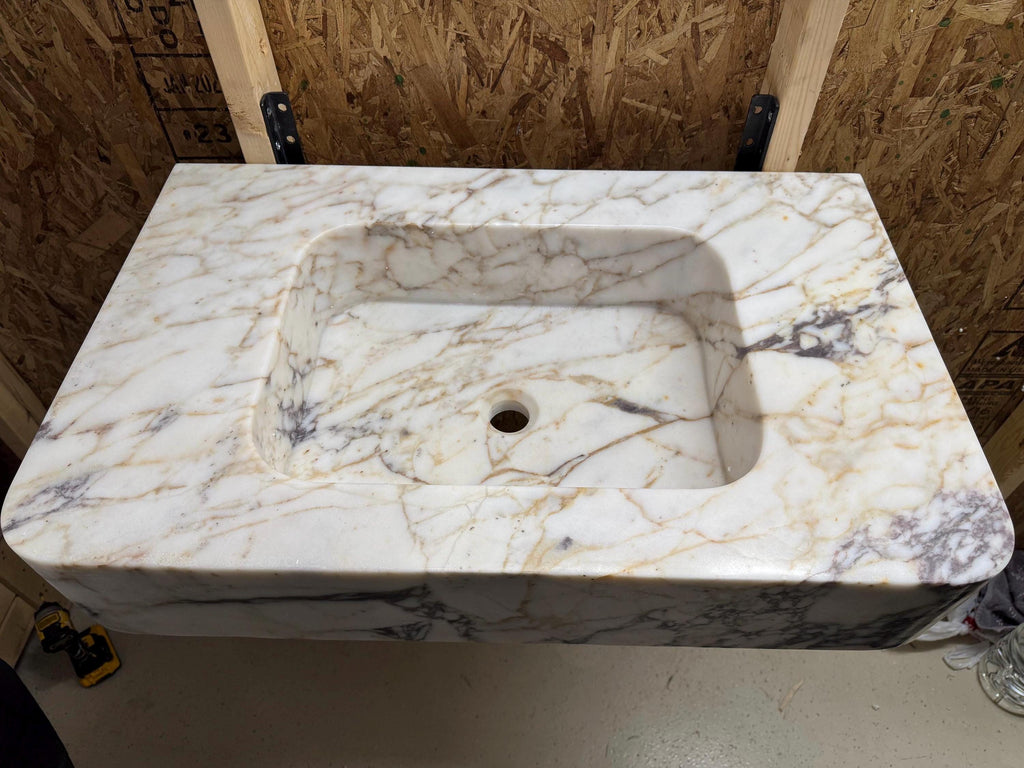Calacatta Marble Wall Mount Bathroom Sink: Custom Powder Room Vanity