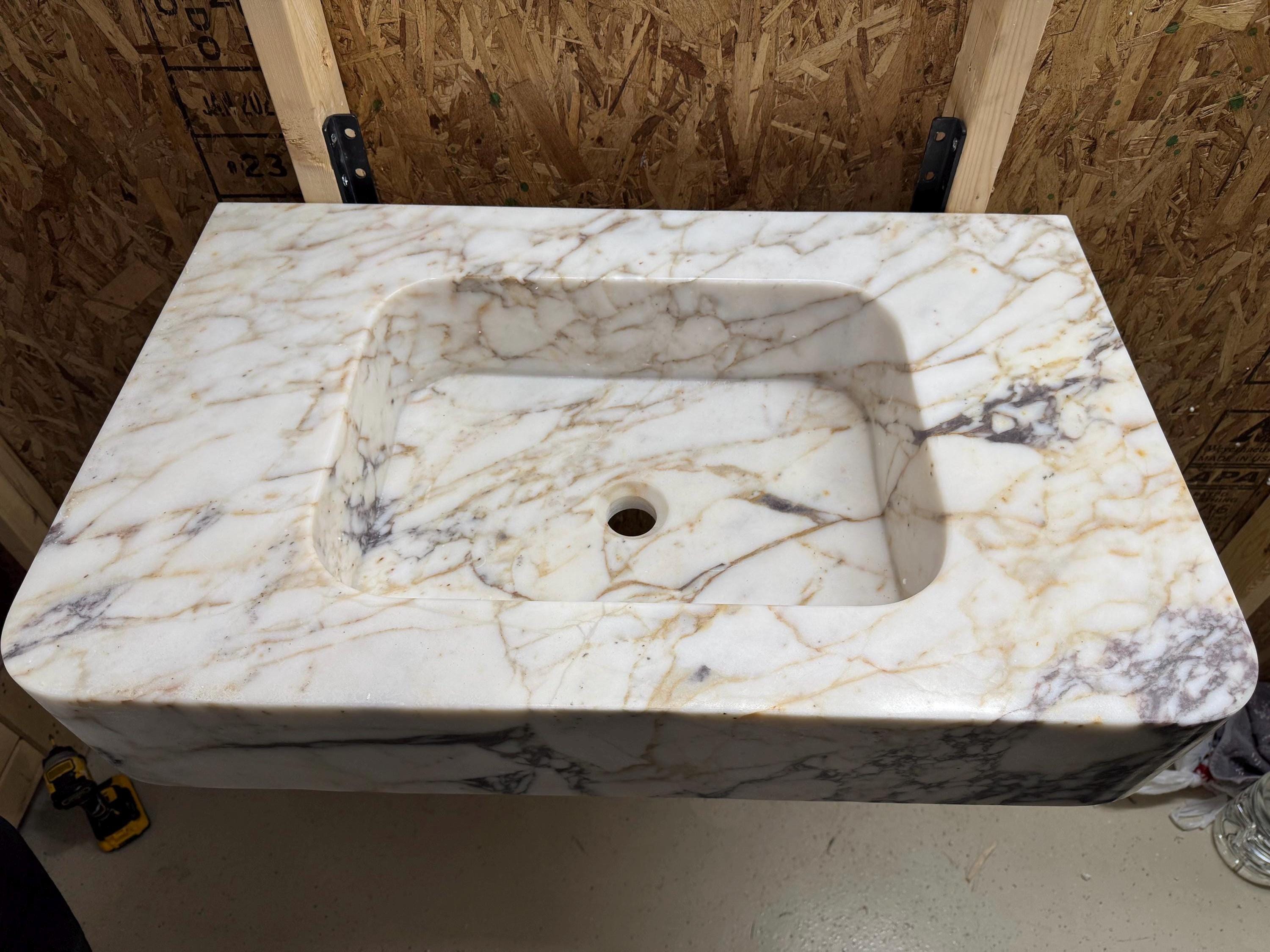 Calacatta Marble Wall Mount Bathroom Sink: Custom Powder Room Vanity