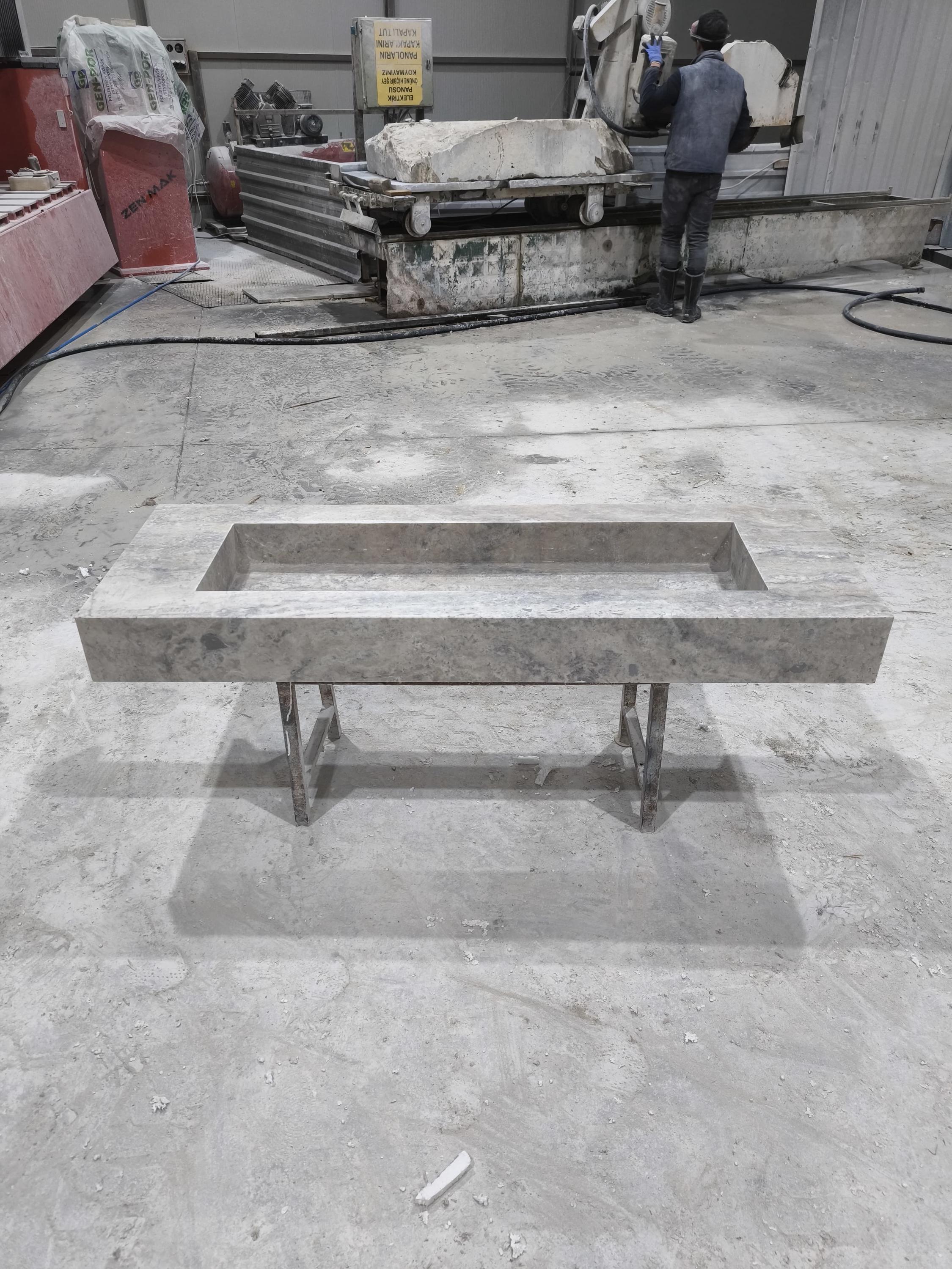 Handcrafted Silver Travertine Marble Sink: Thin Edge Rectangular Bathroom Sink (60x20x6)
