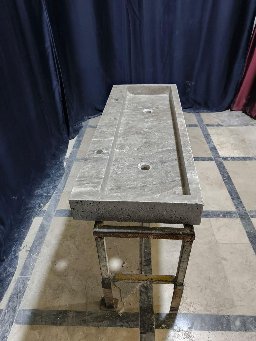 Handmade Double Travertine Marble Sink: 47" Bathroom Vanity