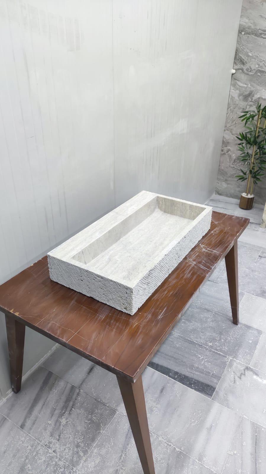 Travertine Stone Sink – Rustic Mediterranean Natural Vanity Basin (30"x16"x5")