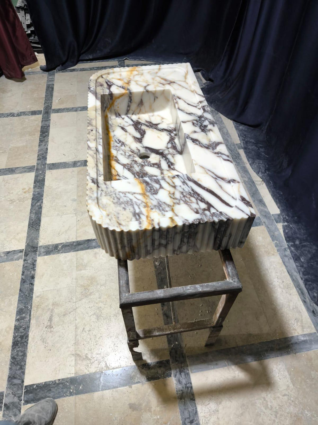 Hand Carved Calacatta Viola Marble Sink: Fluted Vessel Washbasin