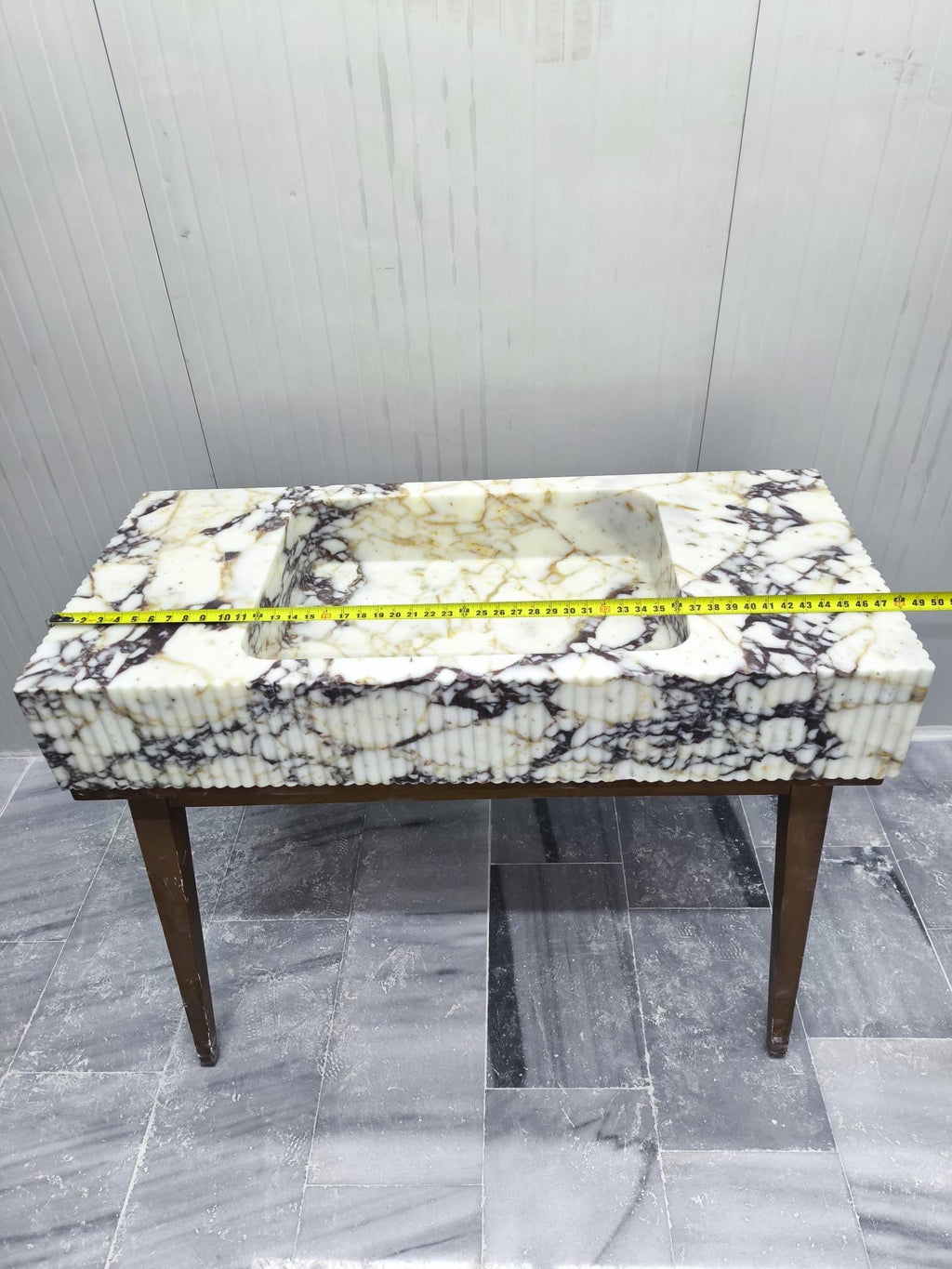 Hand Carved Calacatta Viola Marble Sink: Fluted Wall Mount Vessel 48"x22"x8"