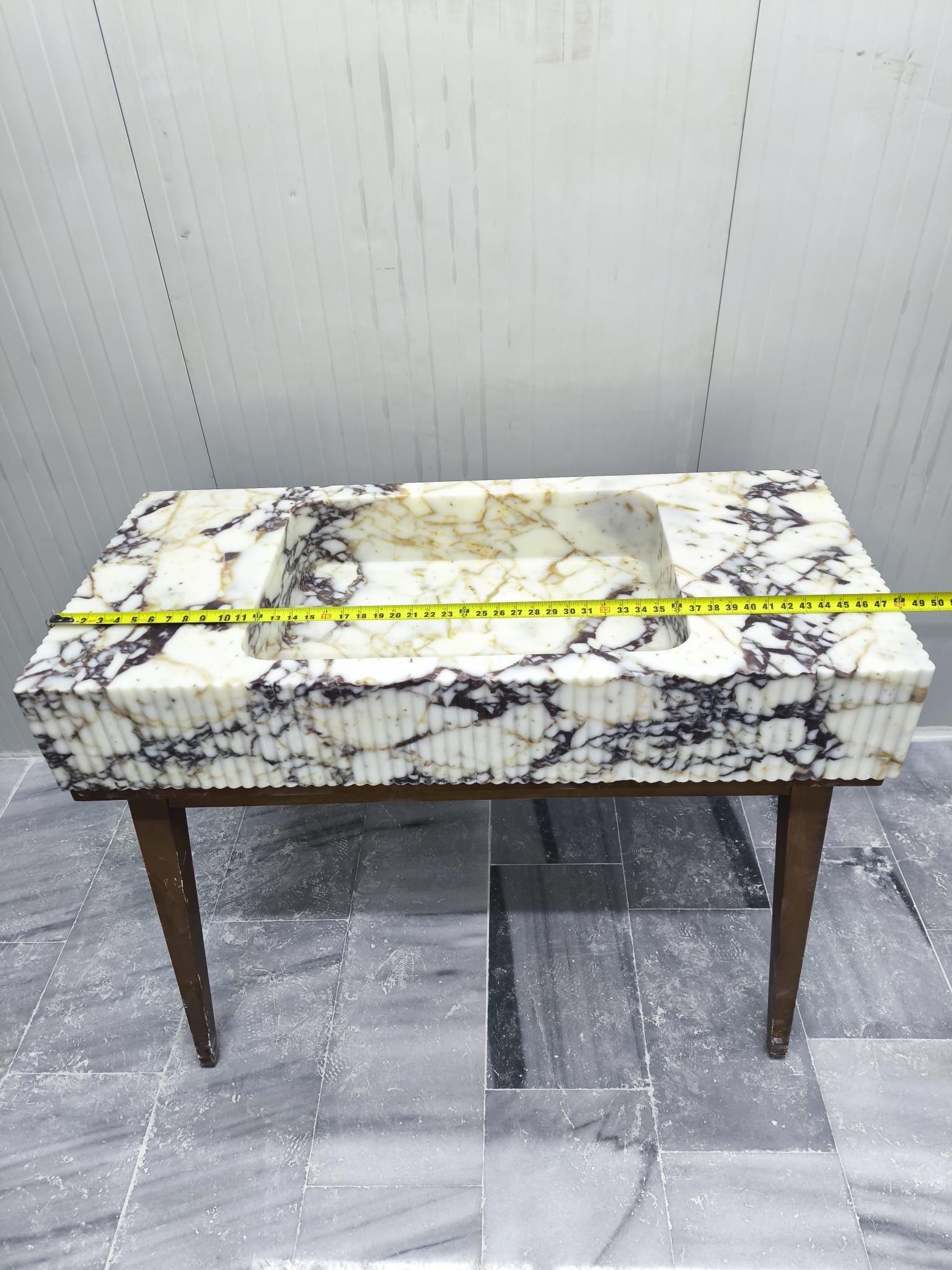 Hand Carved Calacatta Viola Marble Sink: Fluted Wall Mount Vessel 48"x22"x8"