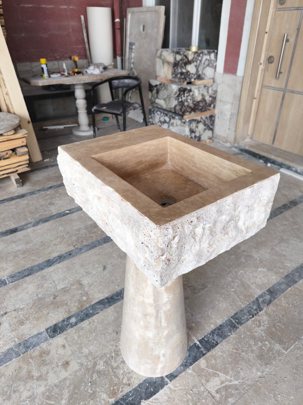 Handcrafted Travertine Marble Sink: Wall Mounted Washbasin with Faucet Hole