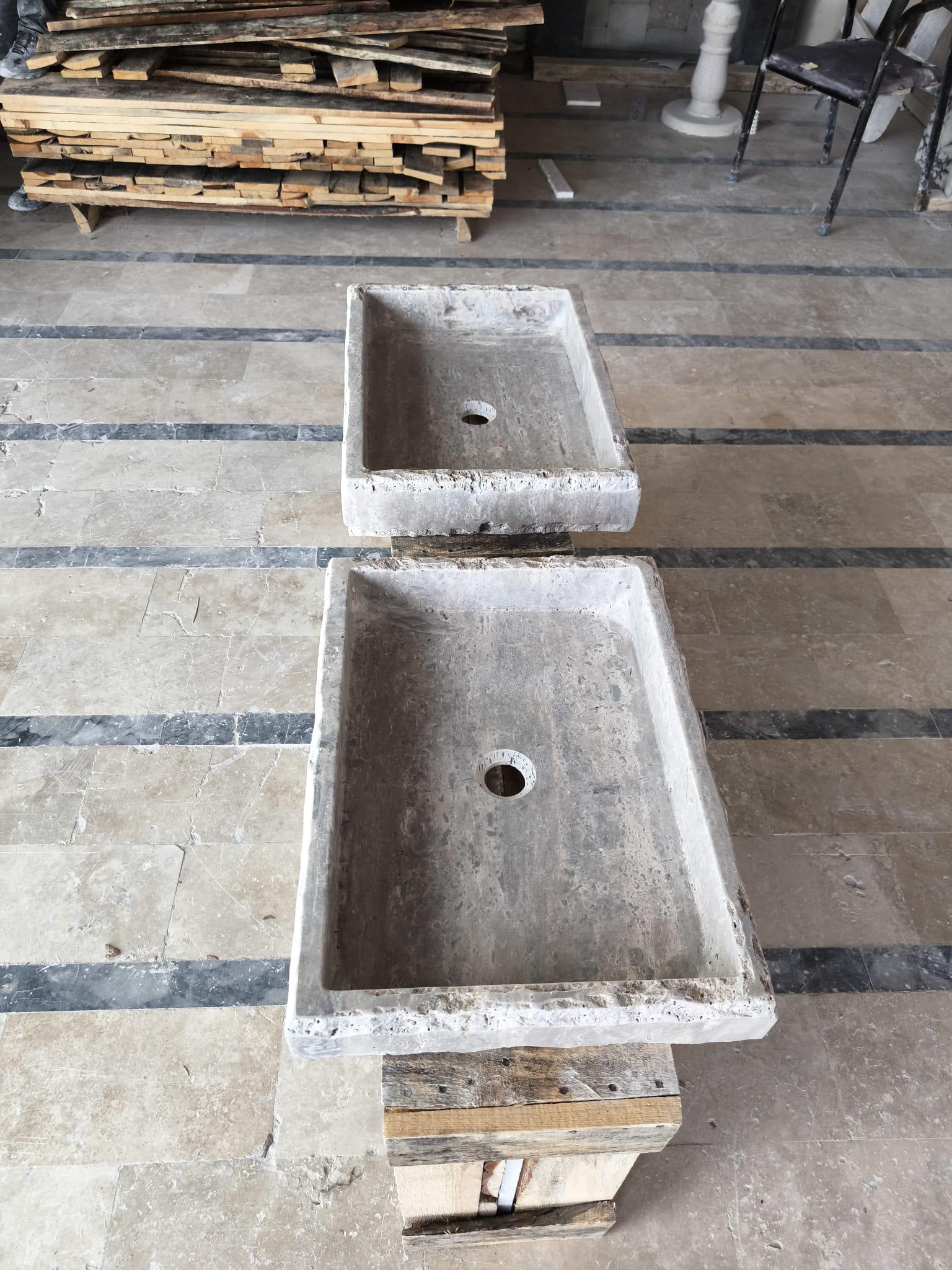 Handcrafted Silver Travertine Rectangular Sink: Natural Stone Washbasin