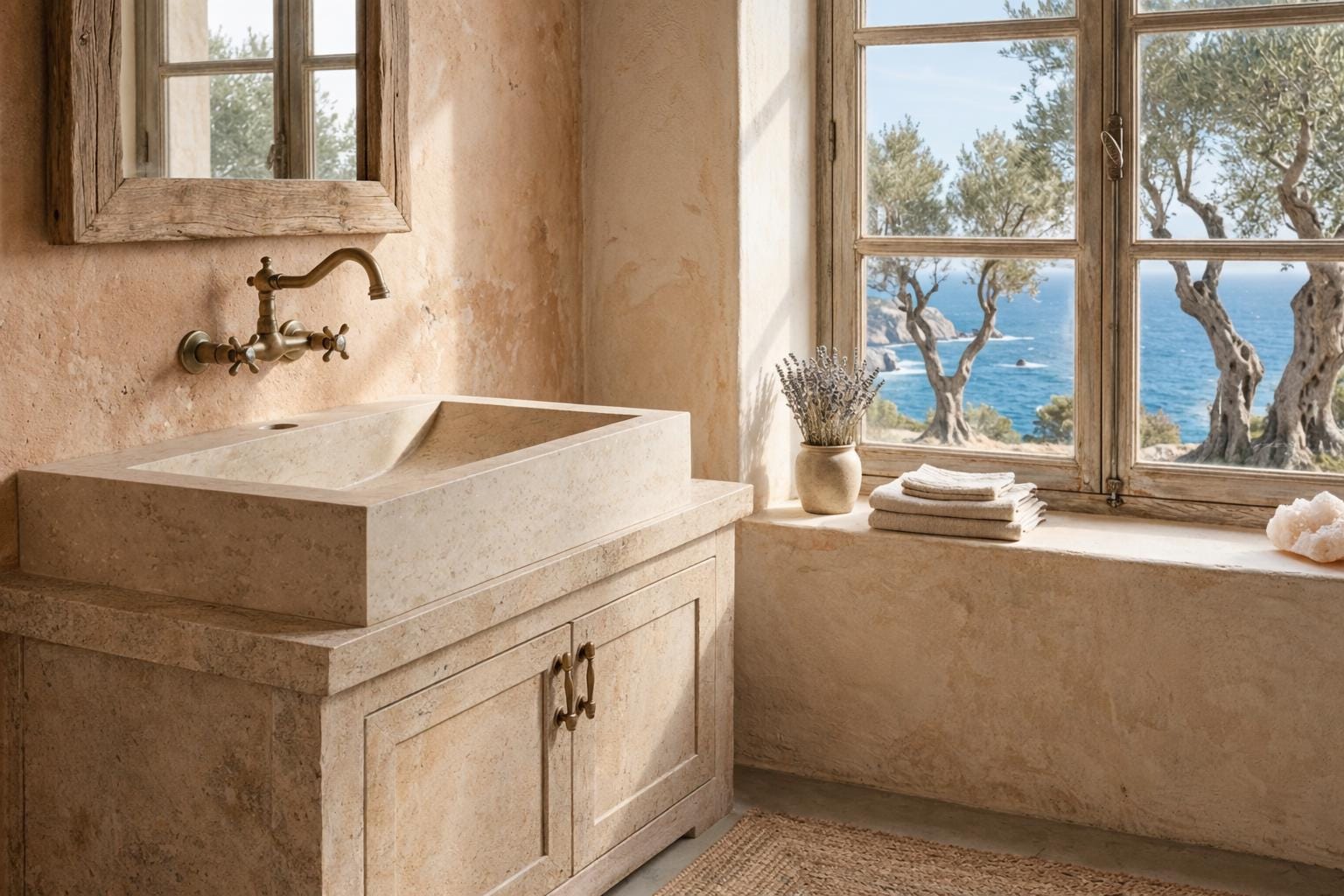 Travertine Bathroom Sink – Natural Stone Vanity – Mediterranean Rustic Design
