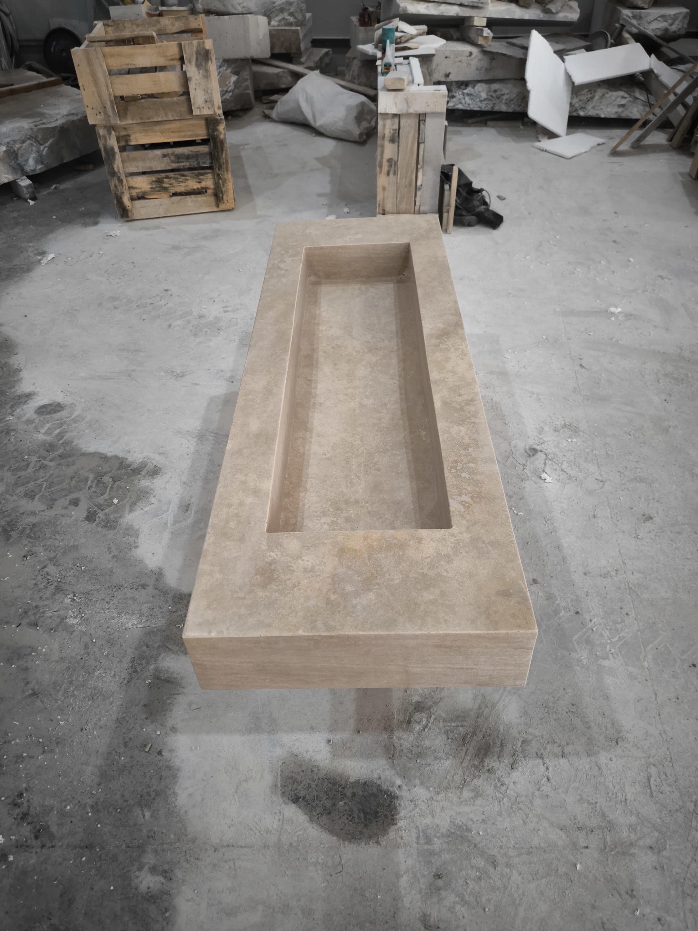Handcrafted Beige Travertine Rectangular Sink: Natural Stone Bathroom Sink (60x20x6)