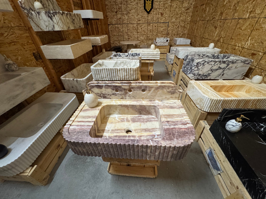 Handmade Pink Marble Sink with Backsplash - Wall Mounted Natural Stone
