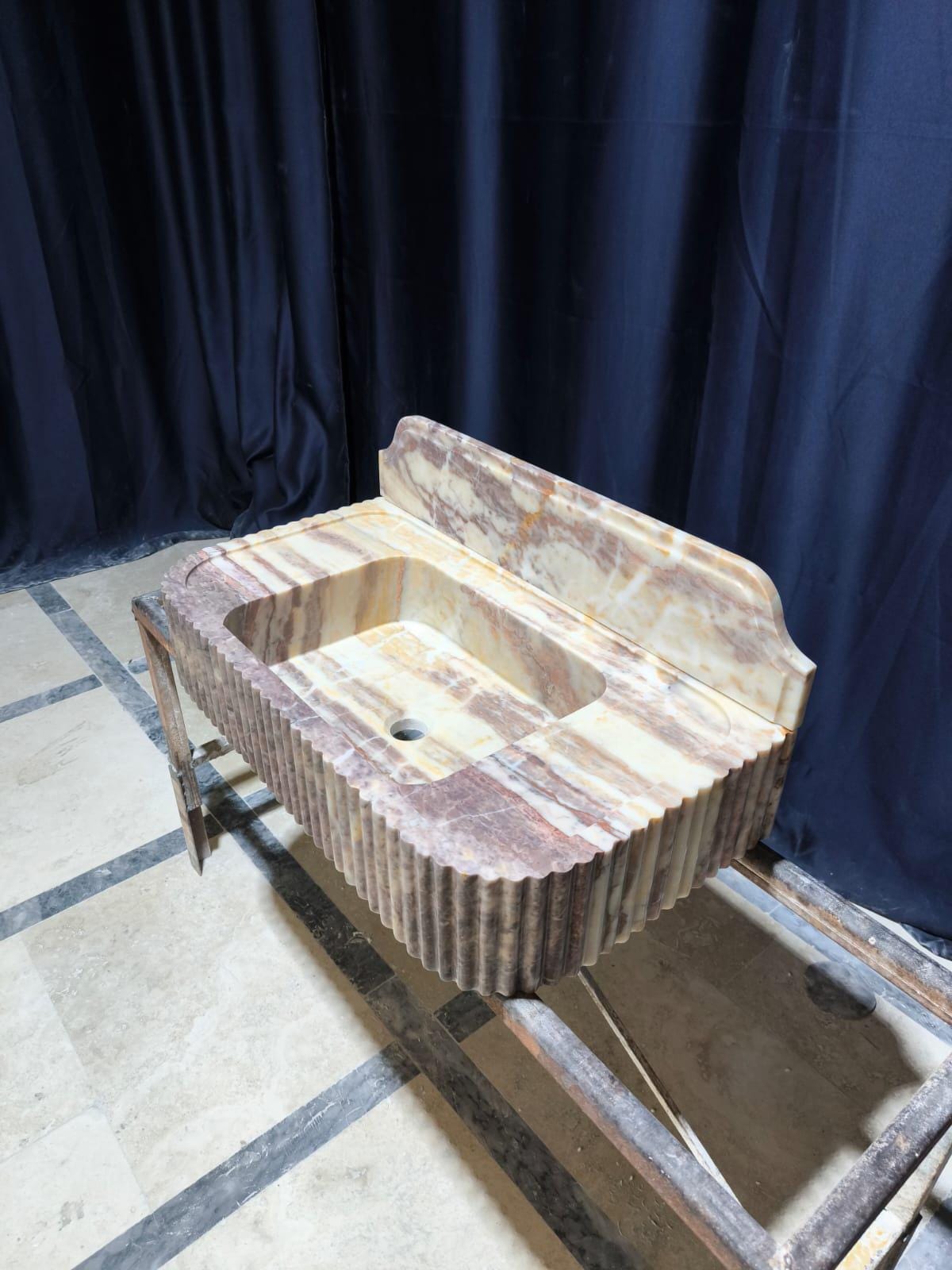 Handmade Pink Marble Sink with Backsplash - Wall Mounted Natural Stone