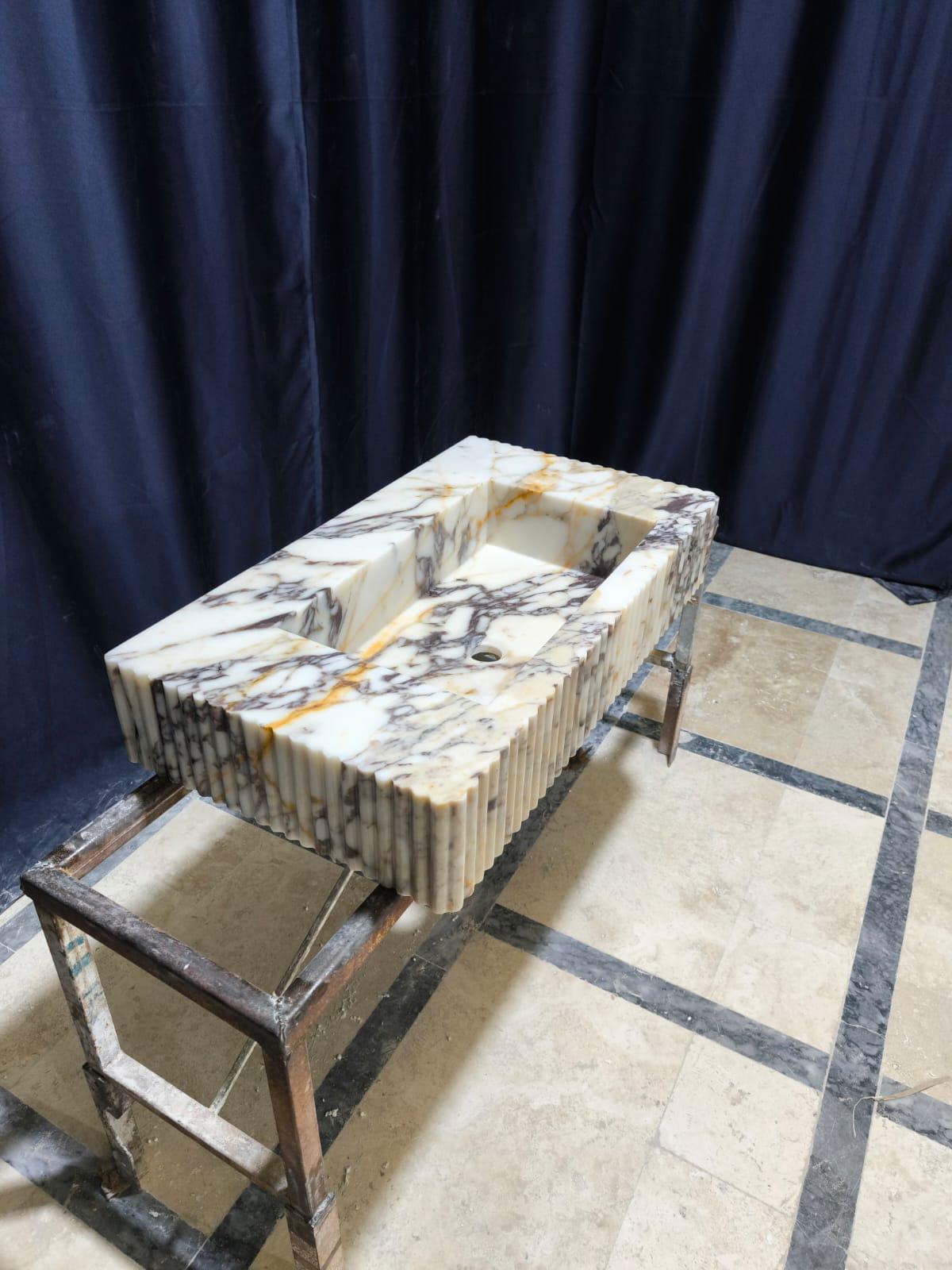 Calacatta Marble Fluted Sink: Wall Mounted Natural Stone Washbasin