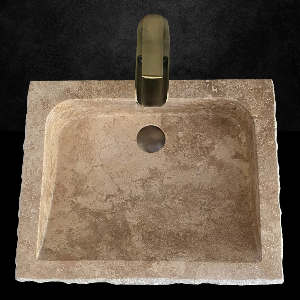 Travertine Inclined Inside Rectangular Sink - With Faucet Hole - Handcrafted, %100 Natural Stone, Washbasin