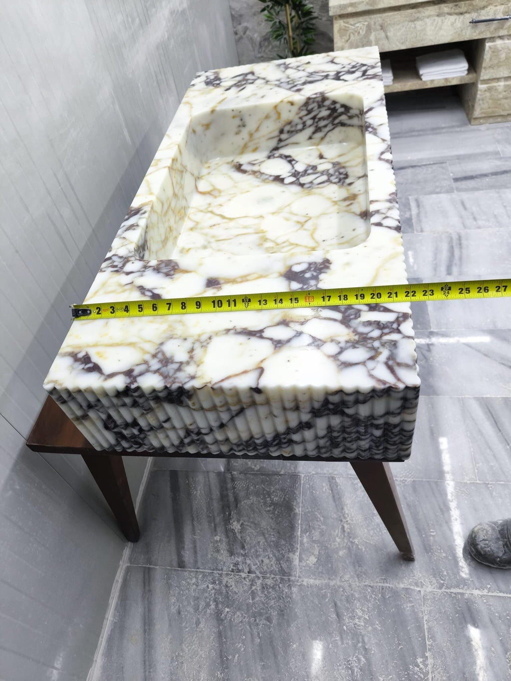 Hand Carved Calacatta Viola Marble Sink: Fluted Wall Mount Vessel 48"x22"x8"