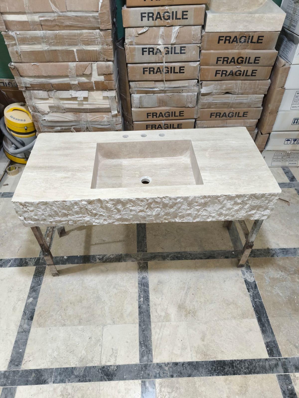 Natural Travertine Stone Sink: Bathroom Vanity, Powder Room Decor (26x19x6.5)