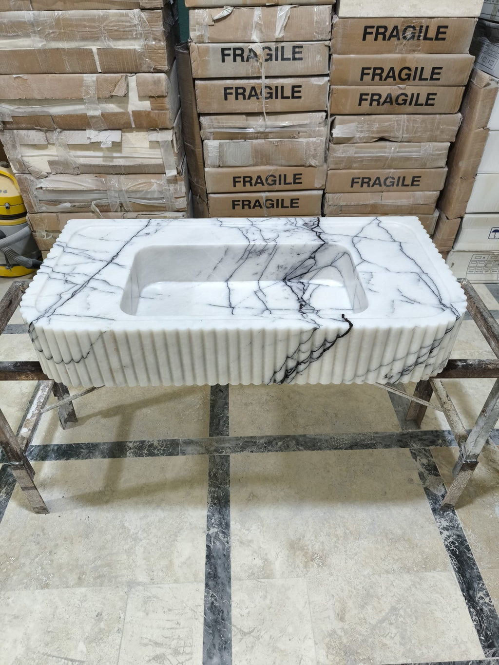 Handmade Carrara White Marble Sink: Fluted Design integrated sink