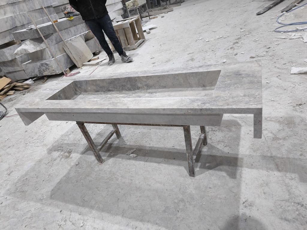 Handcrafted Silver Travertine Marble Sink: Thin Edge Rectangular Bathroom Sink (60x20x6)