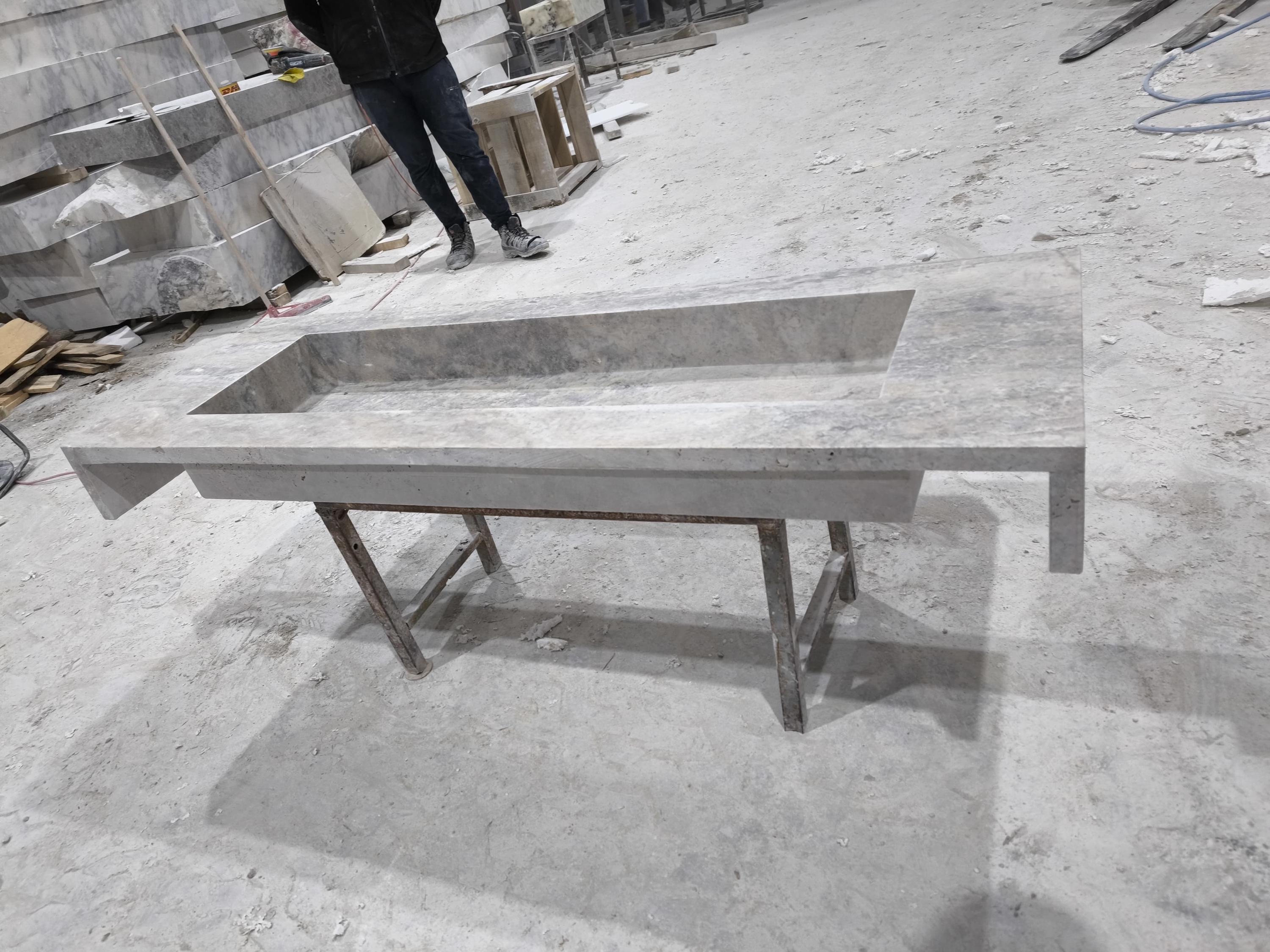 Handcrafted Silver Travertine Marble Sink: Thin Edge Rectangular Bathroom Sink (60x20x6)