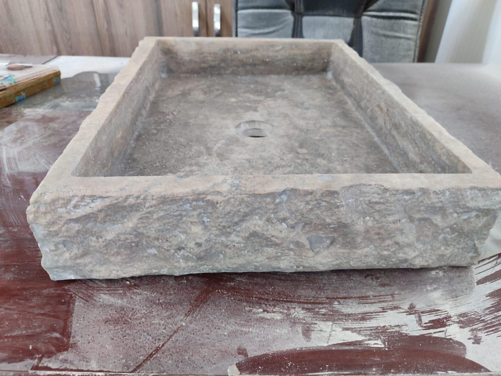 Handcrafted Silver Travertine Rectangular Sink: Natural Stone Washbasin