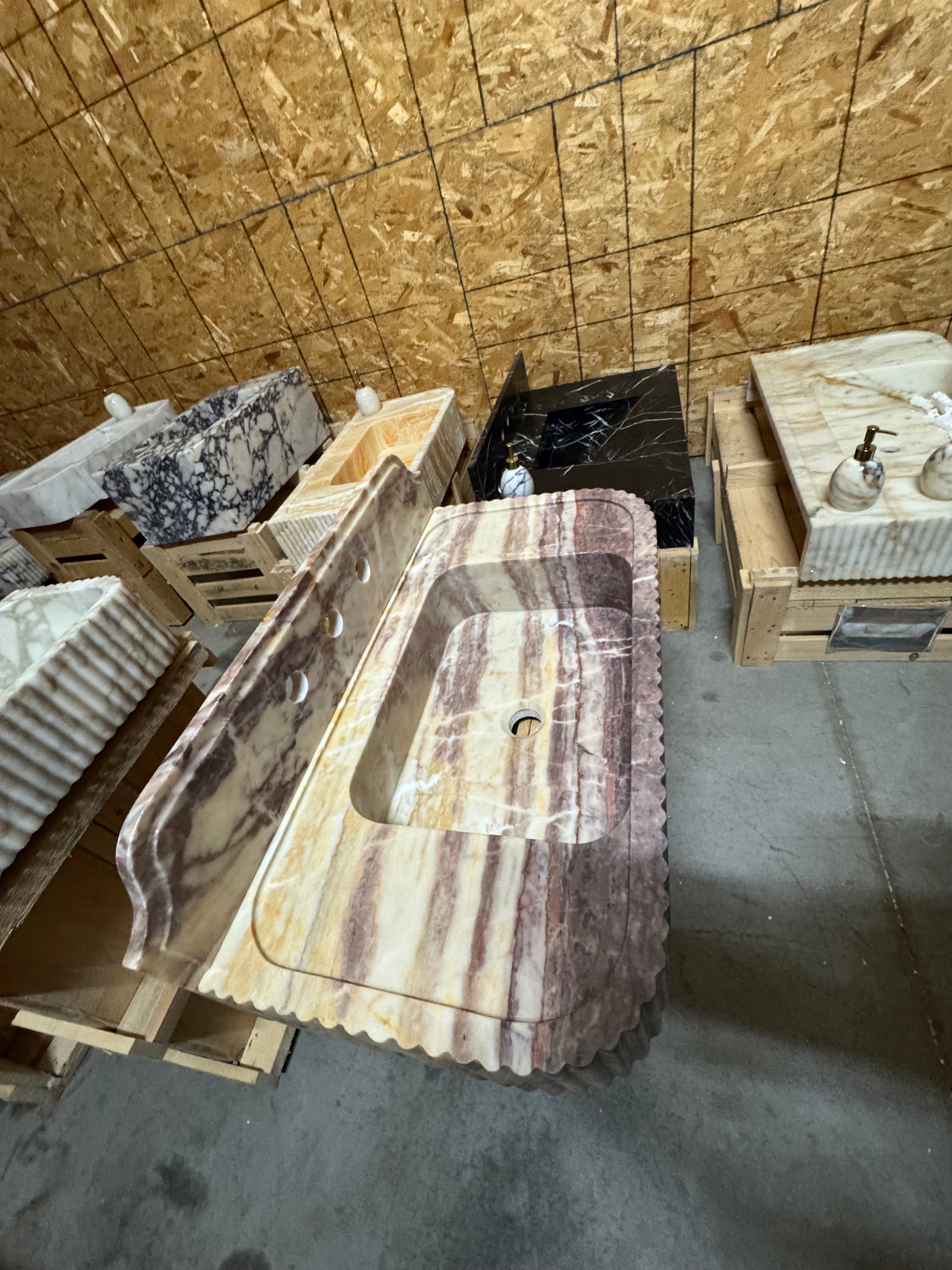 Handmade Pink Marble Sink with Backsplash - Wall Mounted Natural Stone