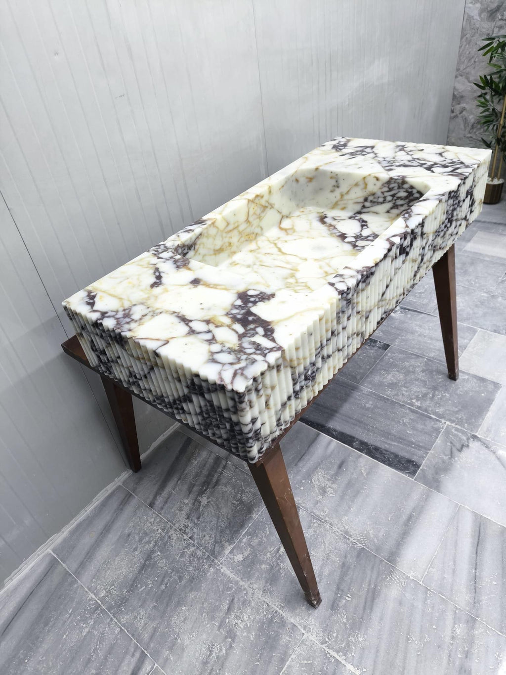 Hand Carved Calacatta Viola Marble Sink: Fluted Wall Mount Vessel 48"x22"x8"