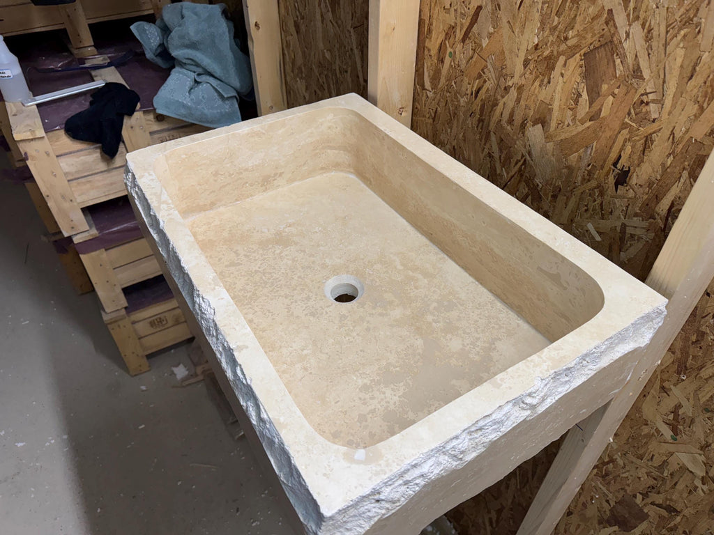 Hand Carved Travertine Marble Sink - Custom Bathroom Vanity (27”x 18” x 7”)