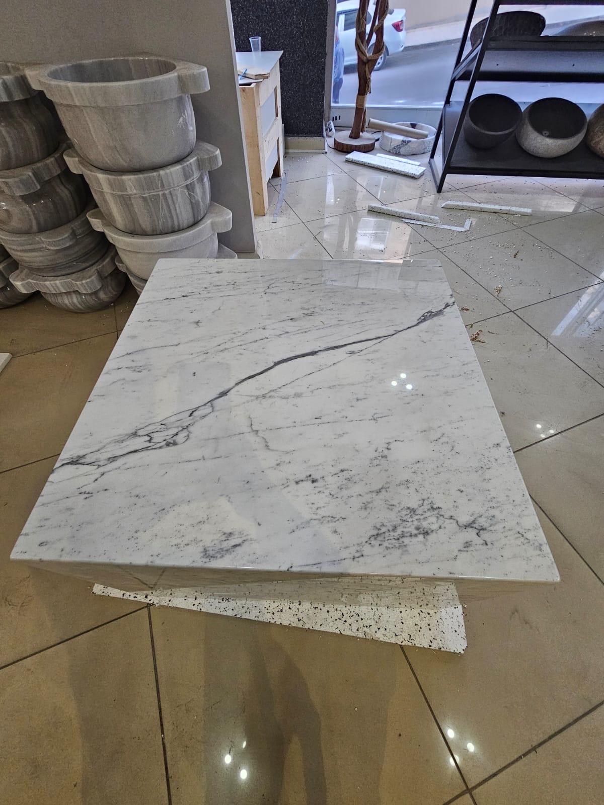 Carrara Marble Plinth Coffee Table: Custom Cube End Table