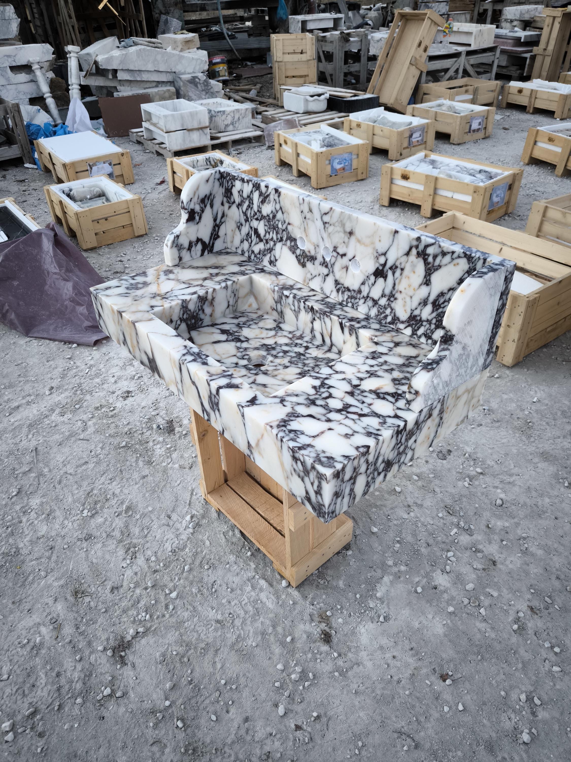 Handmade Calacatta Viola Marble Sink with Backsplash - Natural Stone Basin