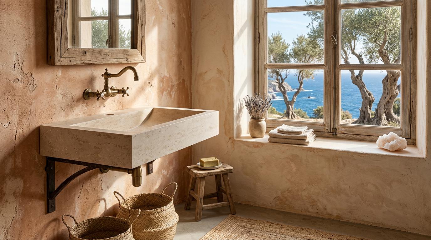 Travertine Bathroom Sink – Natural Stone Vanity – Mediterranean Rustic Design