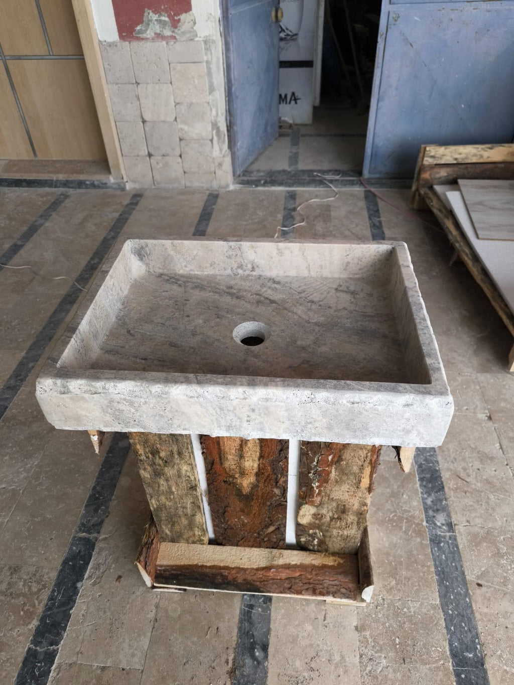 Handcrafted Silver Travertine Rectangular Sink: Natural Stone Washbasin