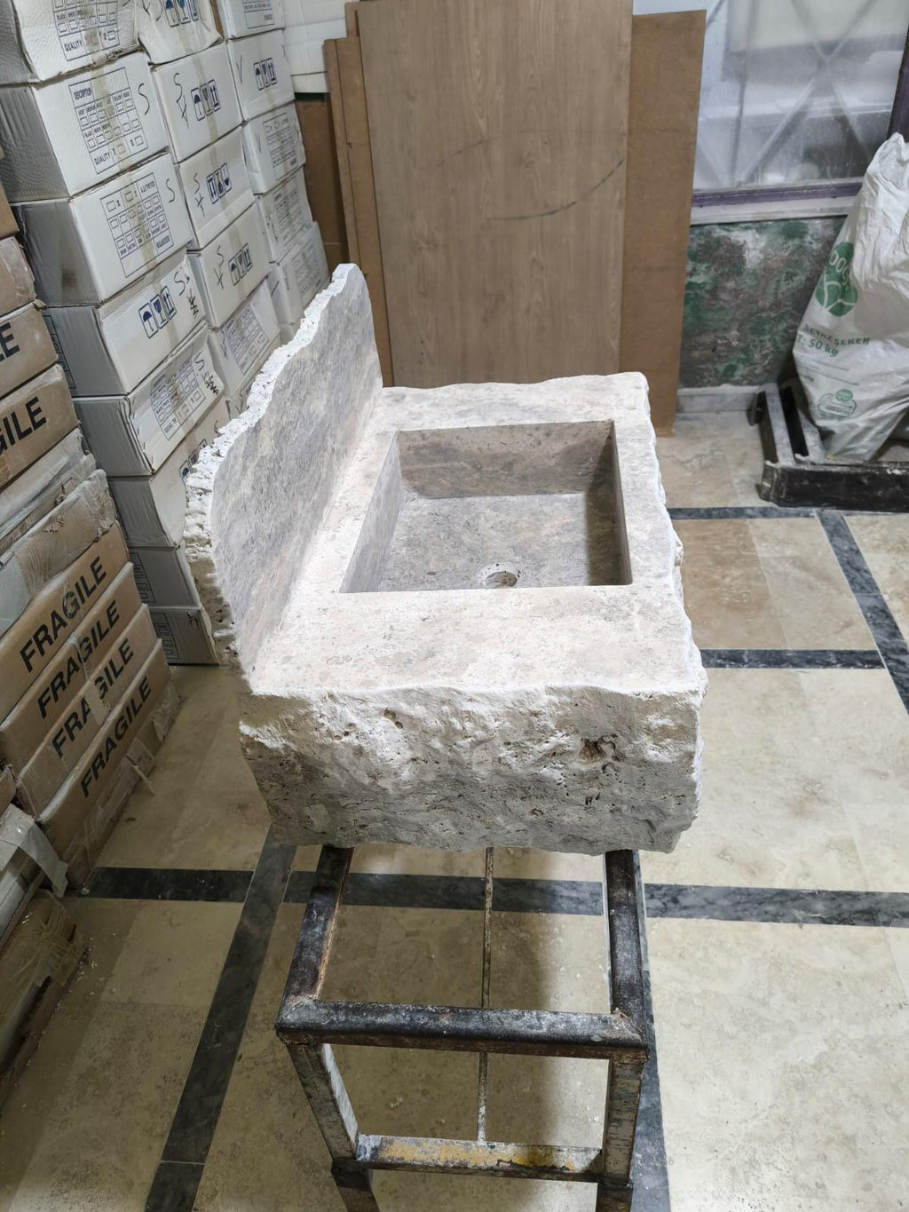 Complete Chiseled Natural Silver Travertine Sink: Rustic Powder Room, Wall Mount , Integrated Sinks
