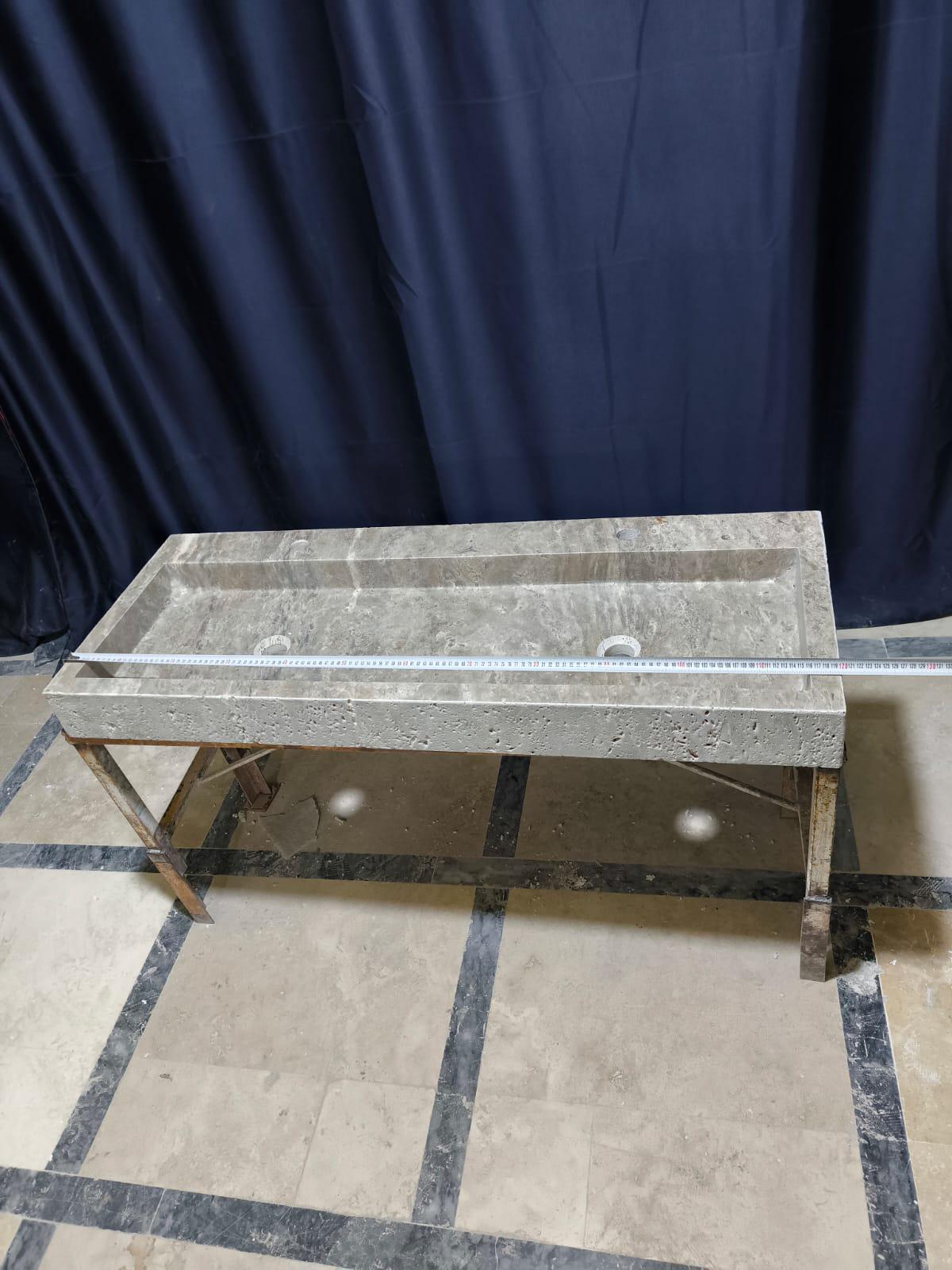 Handmade Double Travertine Marble Sink: 47" Bathroom Vanity