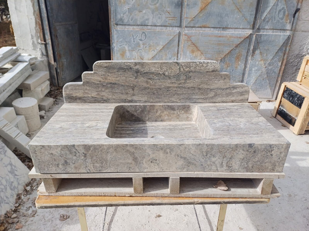 Travertine Bathroom Sink with Backsplash - Wall Mounted Natural Stone