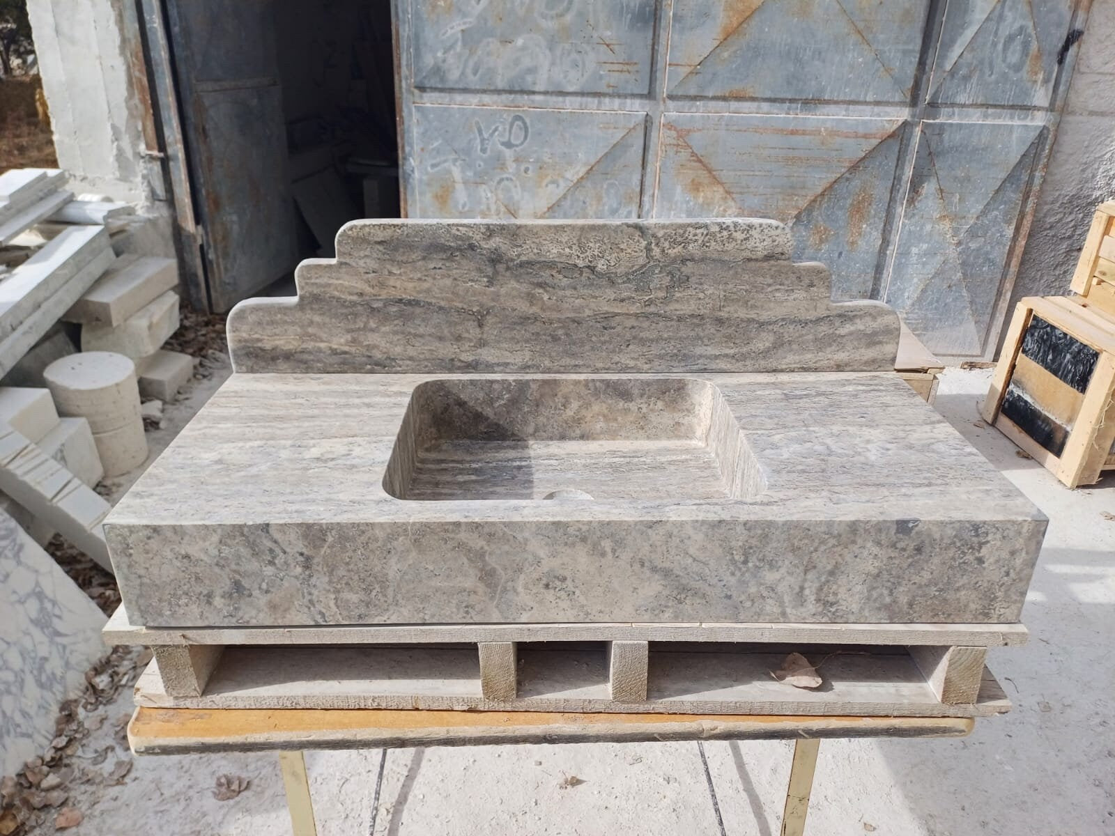Travertine Bathroom Sink with Backsplash - Wall Mounted Natural Stone