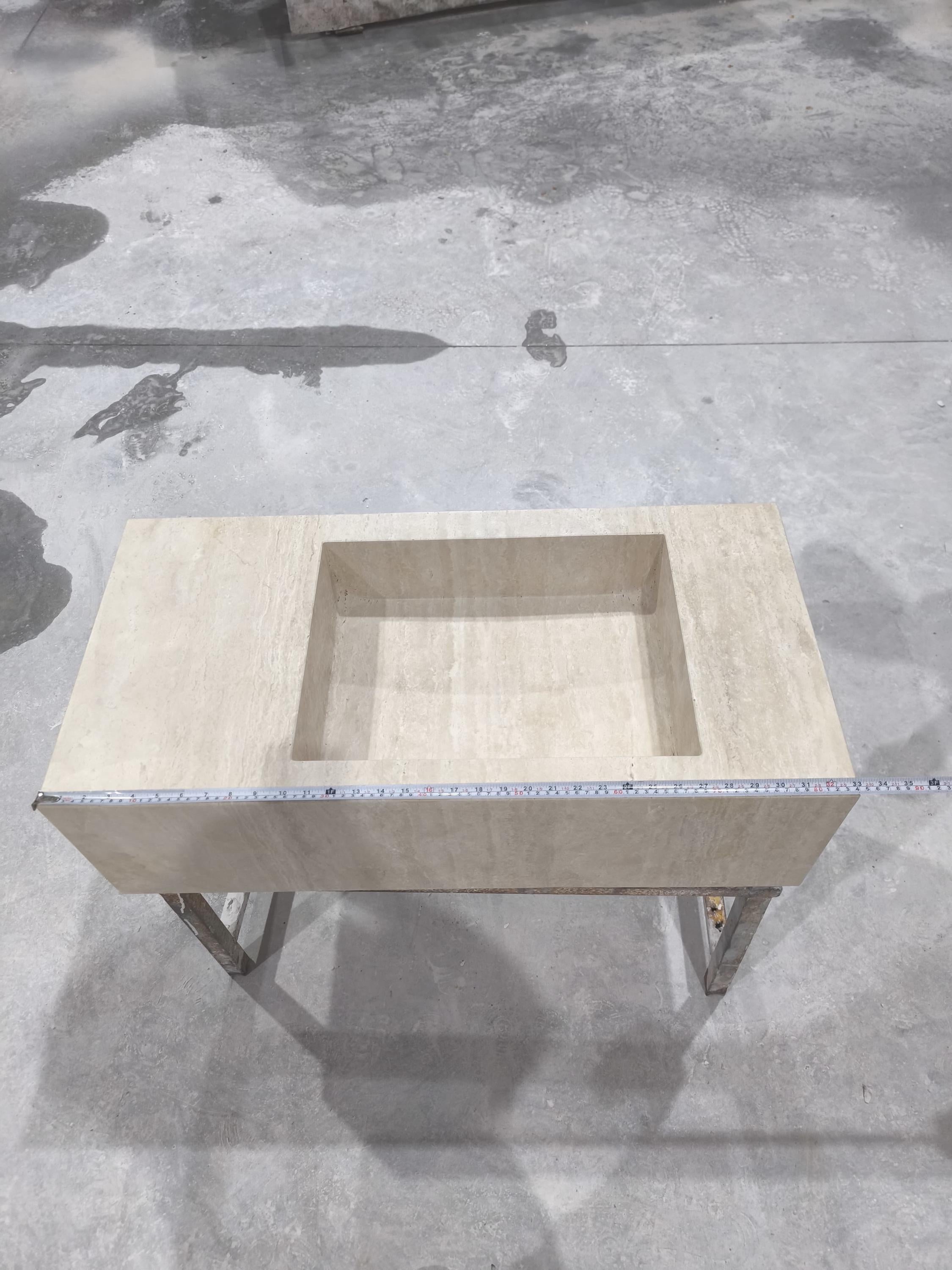 Handcrafted Beige Travertine Rectangular Sink: Natural Stone Bathroom Washbasin