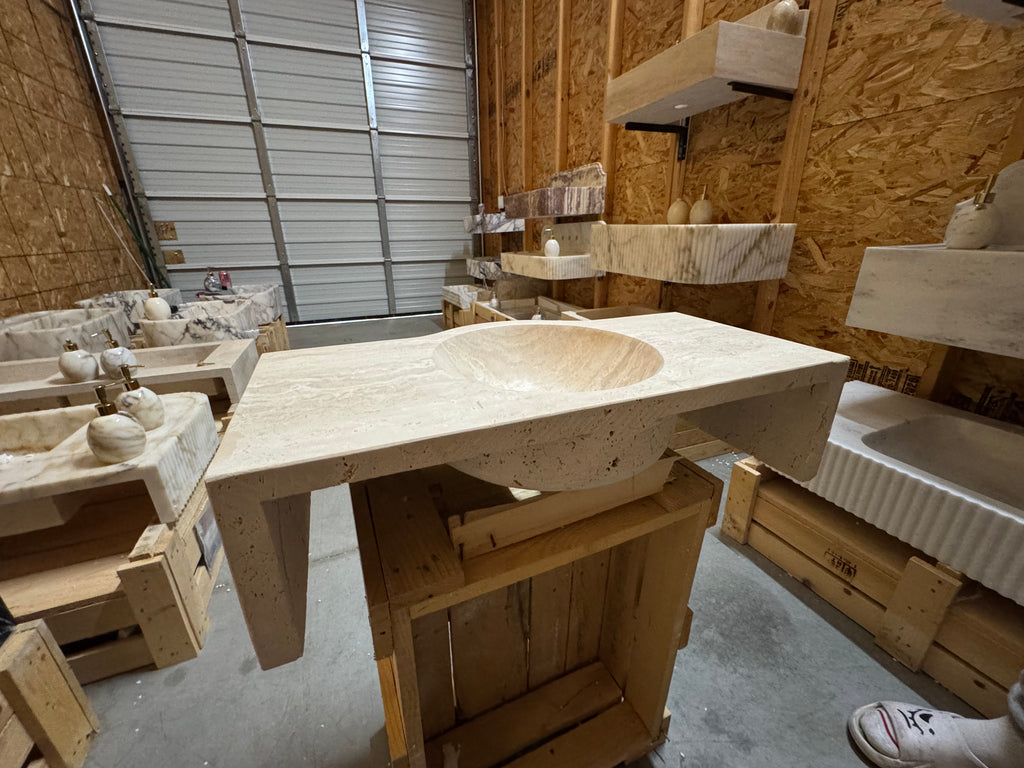 Complete Modern Travertine Vessel Sink: Natural Stone Bathroom Sink (27'' x14''x 7'')