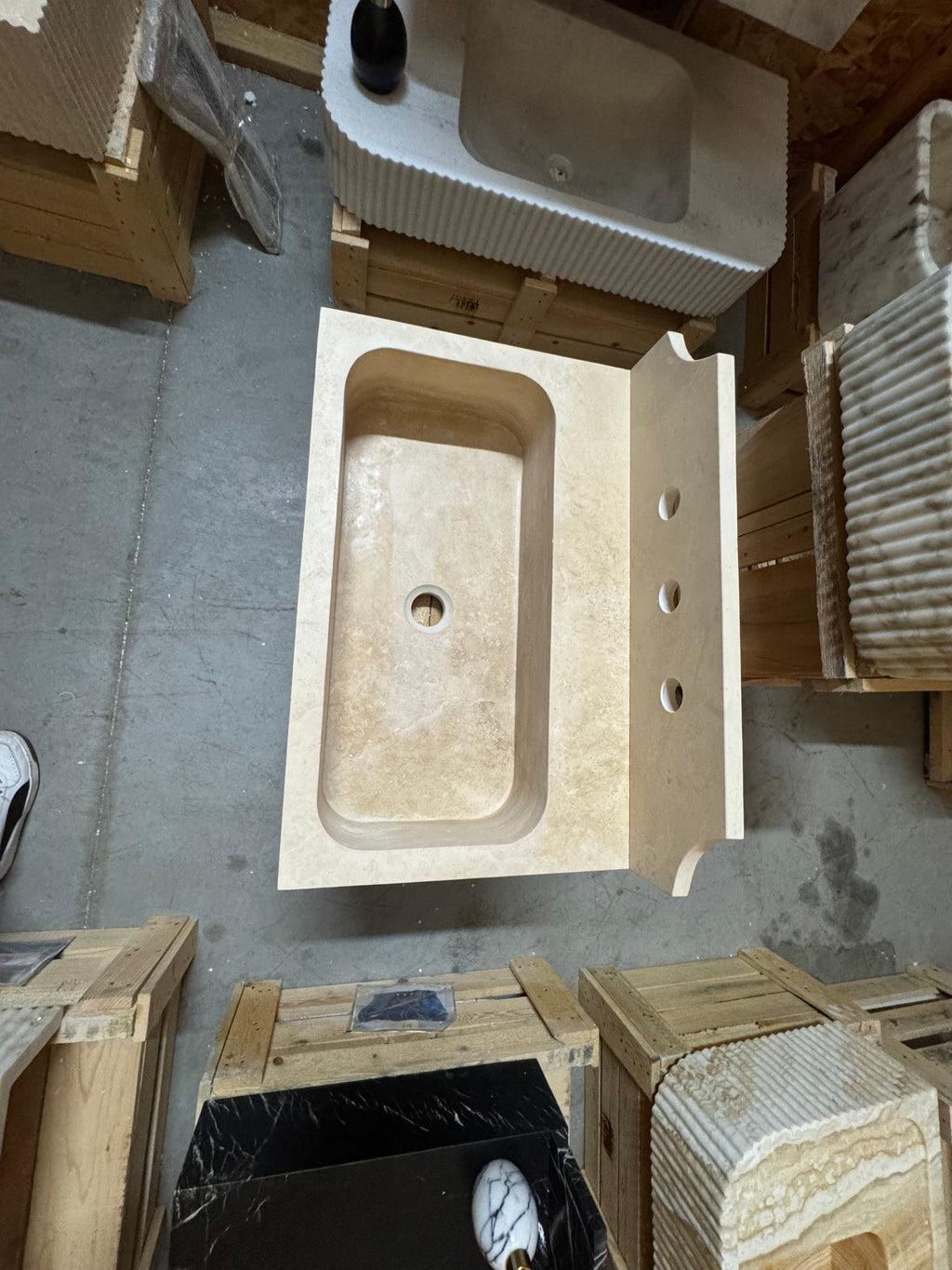 Custom Travertine sink for Sadie 23.5”x16”x6” 8” backsplash