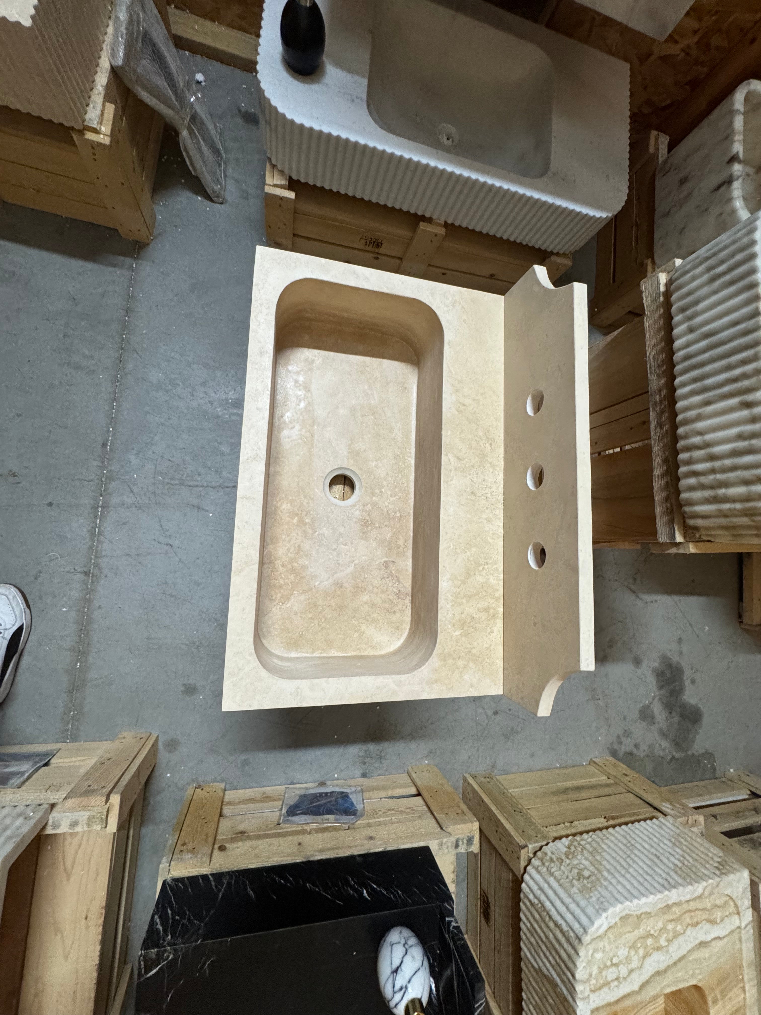 Custom Travertine sink for Sadie 23.5”x16”x6” 8” backsplash
