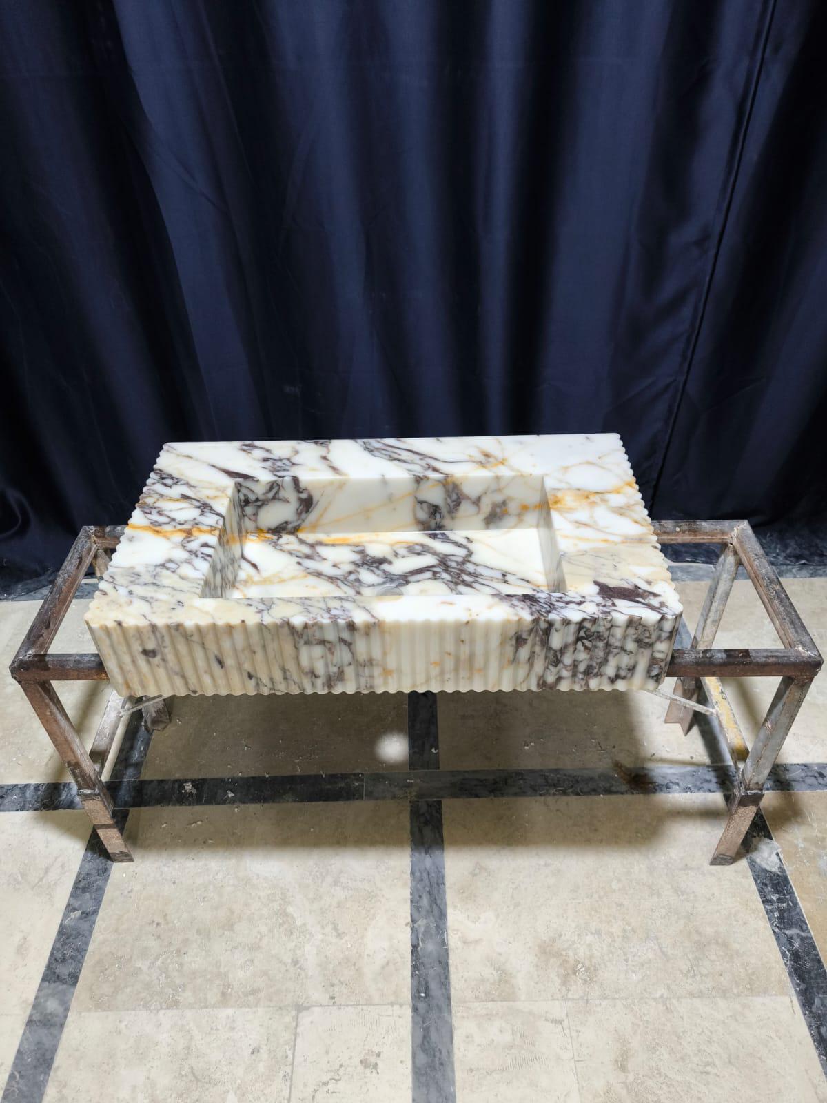 Calacatta Marble Fluted Sink: Wall Mounted Natural Stone Washbasin